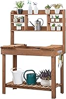 Yaheetech Potting Bench with Hidden Sink, Storage Shelf & Hooks - Fir Wood Garden Work Table for Outdoor Planting Brown