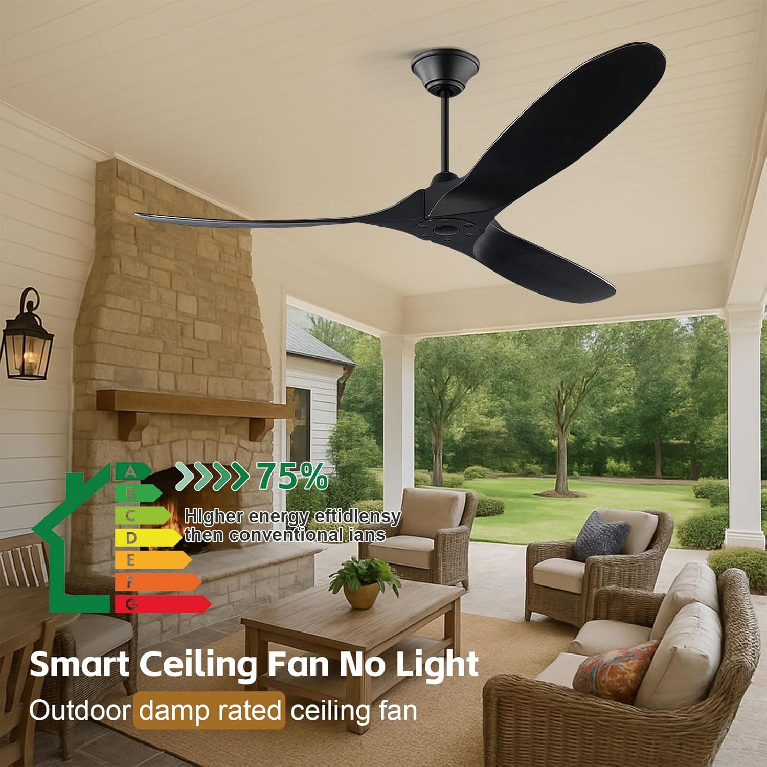 70 inch Outdoor Ceiling Fan for Patios, Black Smart High CFM Ceiling Fans Without Lights, 3 Blades Large Wooden Ceiling Fan No Light for Commercial Indoor Exterior Porch with Alexa/Remote/App Control