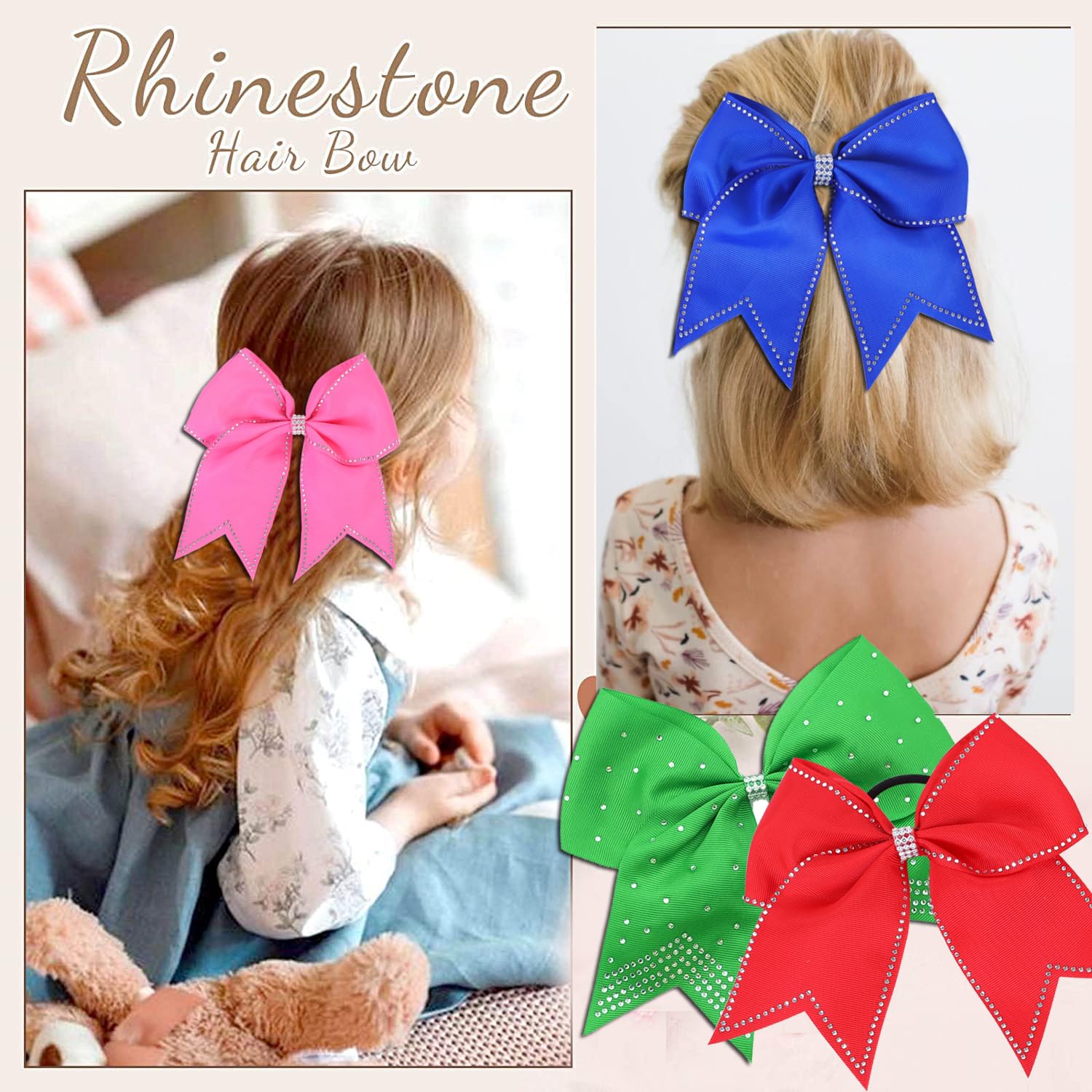 Lazos grandes con diamantes de imitación para el pelo, 12 lazos de animación con purpurina de 17,78 cm, soporte para cola de caballo para niñas, moños para animadoras, competiciones