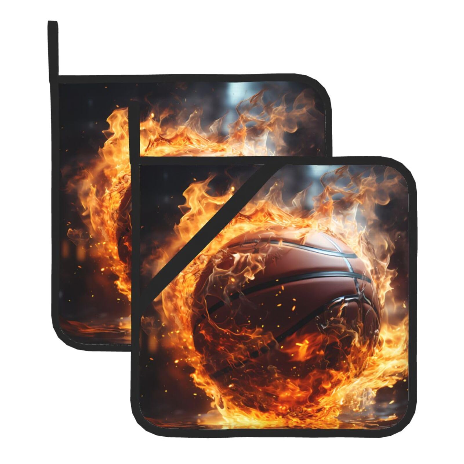 Basketball on Fire and Water Flame Splashing Square Heat Resistant Trivet Set Thick and Durable for Baking Barbecue Cookware Oven