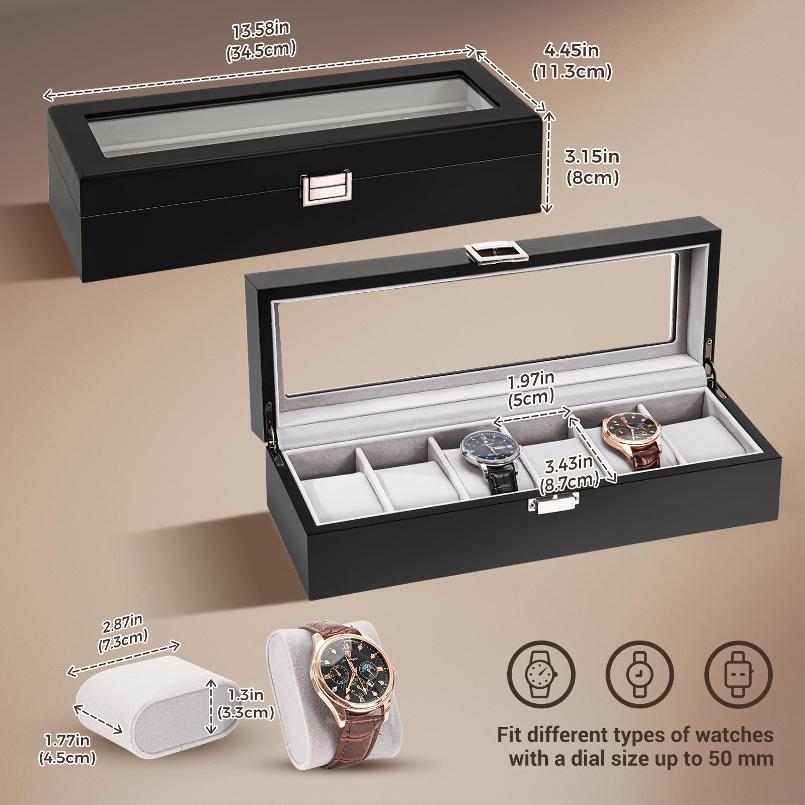 ProCase Houten Horlogedoos Voor Mannen, 6 Slots Heren Horloge Organizer Met Glazen Top 2 Tier Gelakte Vitrine Horlogeopslag Zwart 915672945