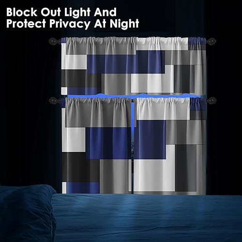 Miniatura 7 de Cortinas de cocina azul marino de Tayney, juego de 3 cortinas de ventana a cuadros y cenefas, cortina de nivel corta geométrica en negro, gris y
