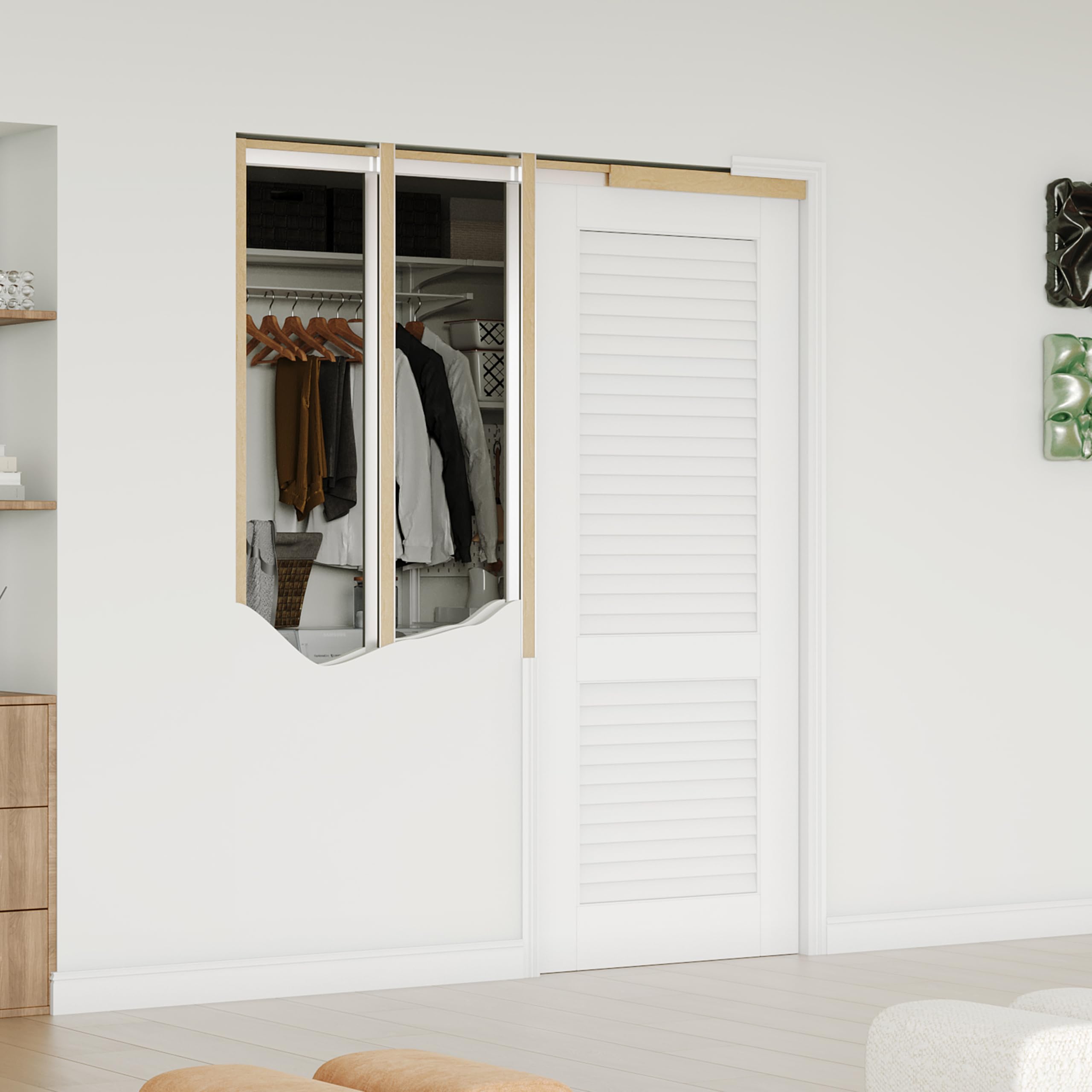 30" x 80" Sliding Pocket Door, Louvered Pantry Doors with Frame and Hardware Kit, Interior Door, White Primer Closet Doors - No Panel Assembly Required