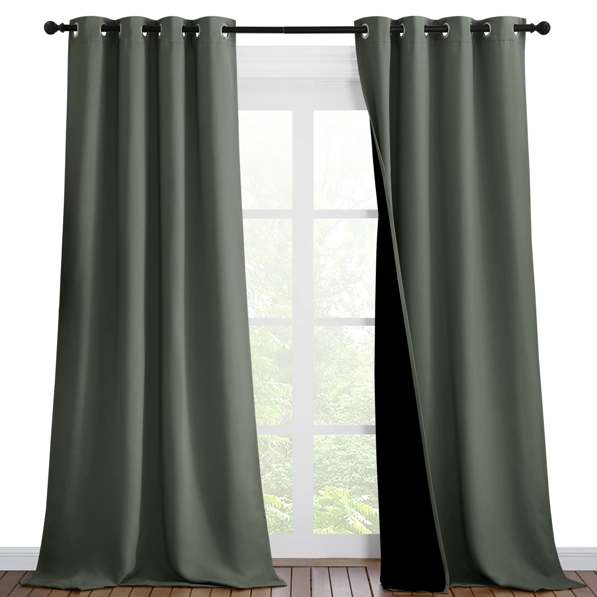 NICETOWN Dark Mallard Blackout Curtains 90 inches Long, Full Light Blocking Drapes with Black Liner for Nursery, Thermal Insulated Draperies for Hall, Villa (2 Pieces, 46" Wide per Panel)