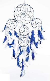ARTBUG - 5 Rings Dream Catcher Wall Hanging - for Positive Energy and Protection - Home Wall Décor, Ornament, Color - Blue + White, Size - 15cm x 55cm-picture-18