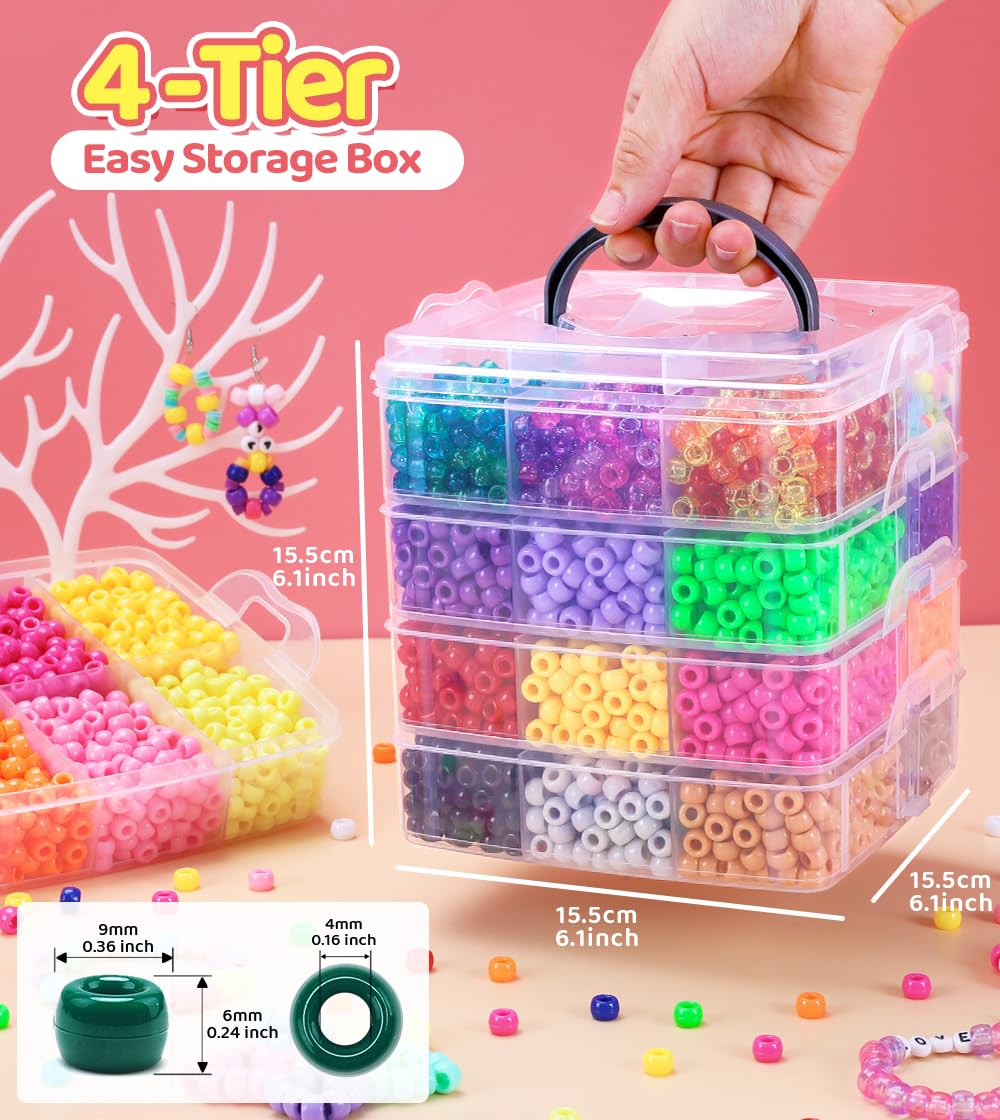 IOOLEEM Perline pony, 4200 pezzi, 27 colori (tinta unita e glitter), kit di perline per braccialetti dell'amicizia e creazione di gioielli, facili da riporre.