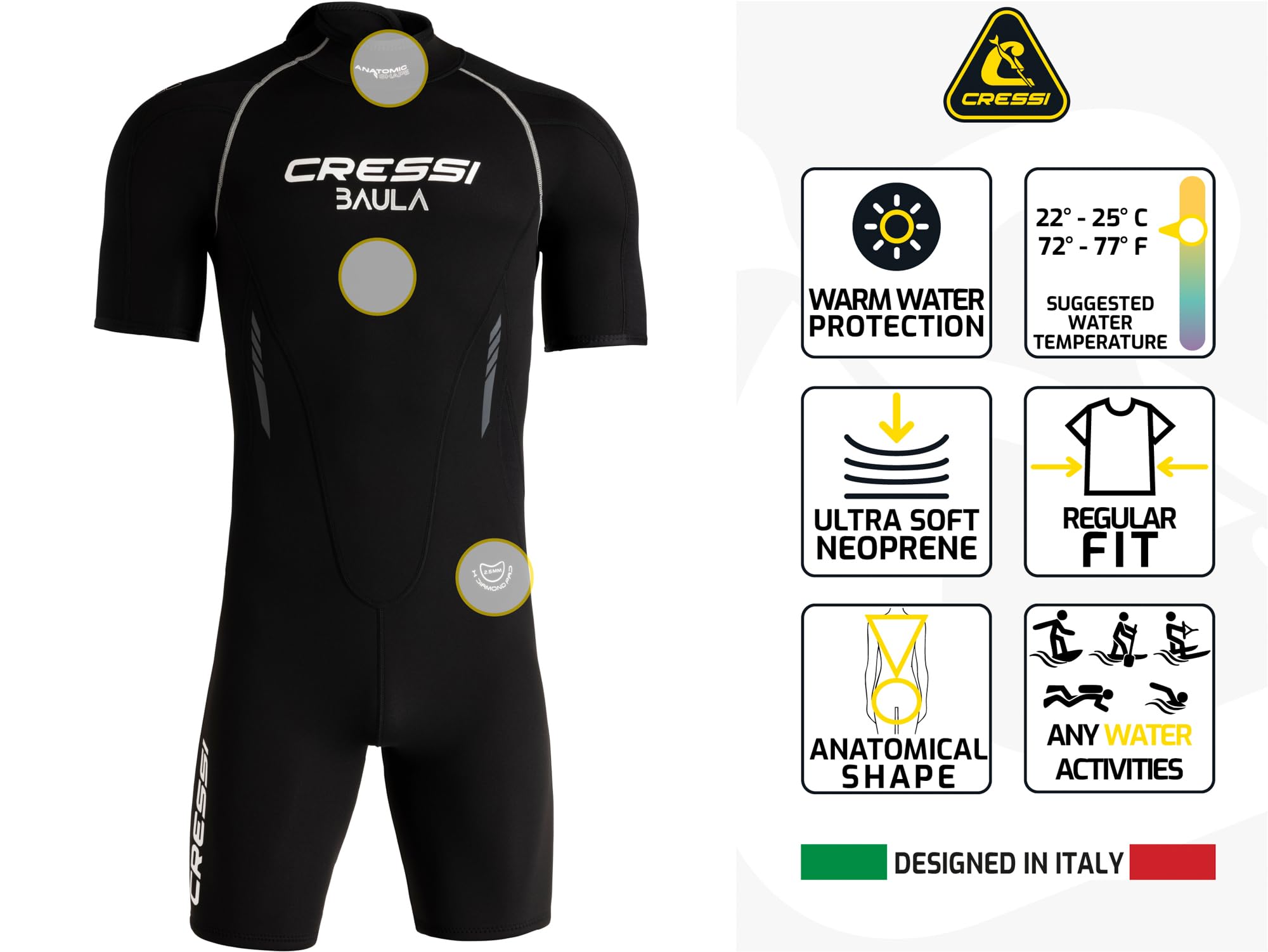 CRESSI Baula Trajes de Buceo Cortos, Women's, Negro/Amarillo, XL