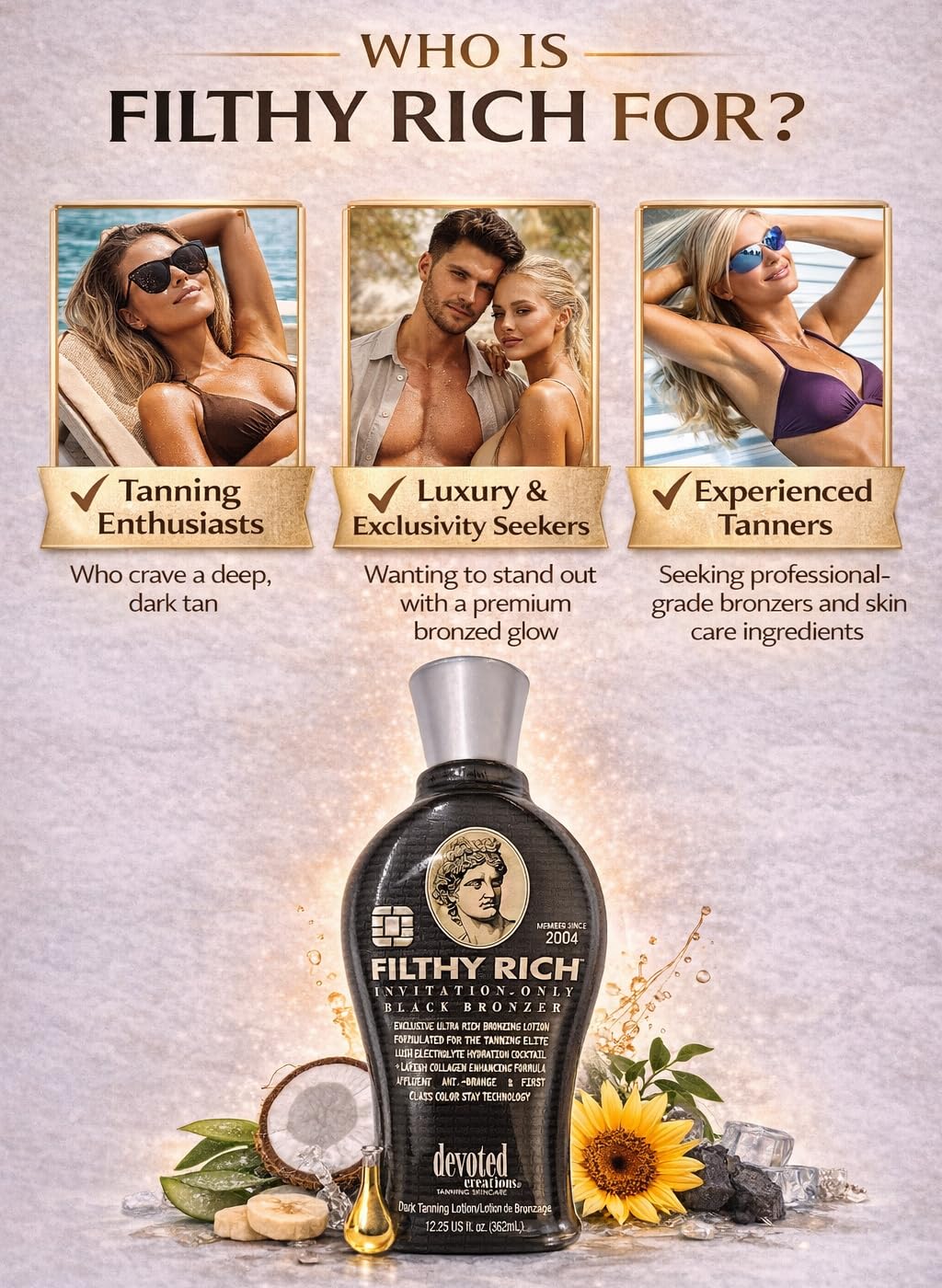 DC Filthy Rich - Luxurious Dark Bronzing Formula with Anti-Orange Technology and High Levels of DHA, Natural, & Cosmetic Bronzers for Immediate Color 12.25 oz.