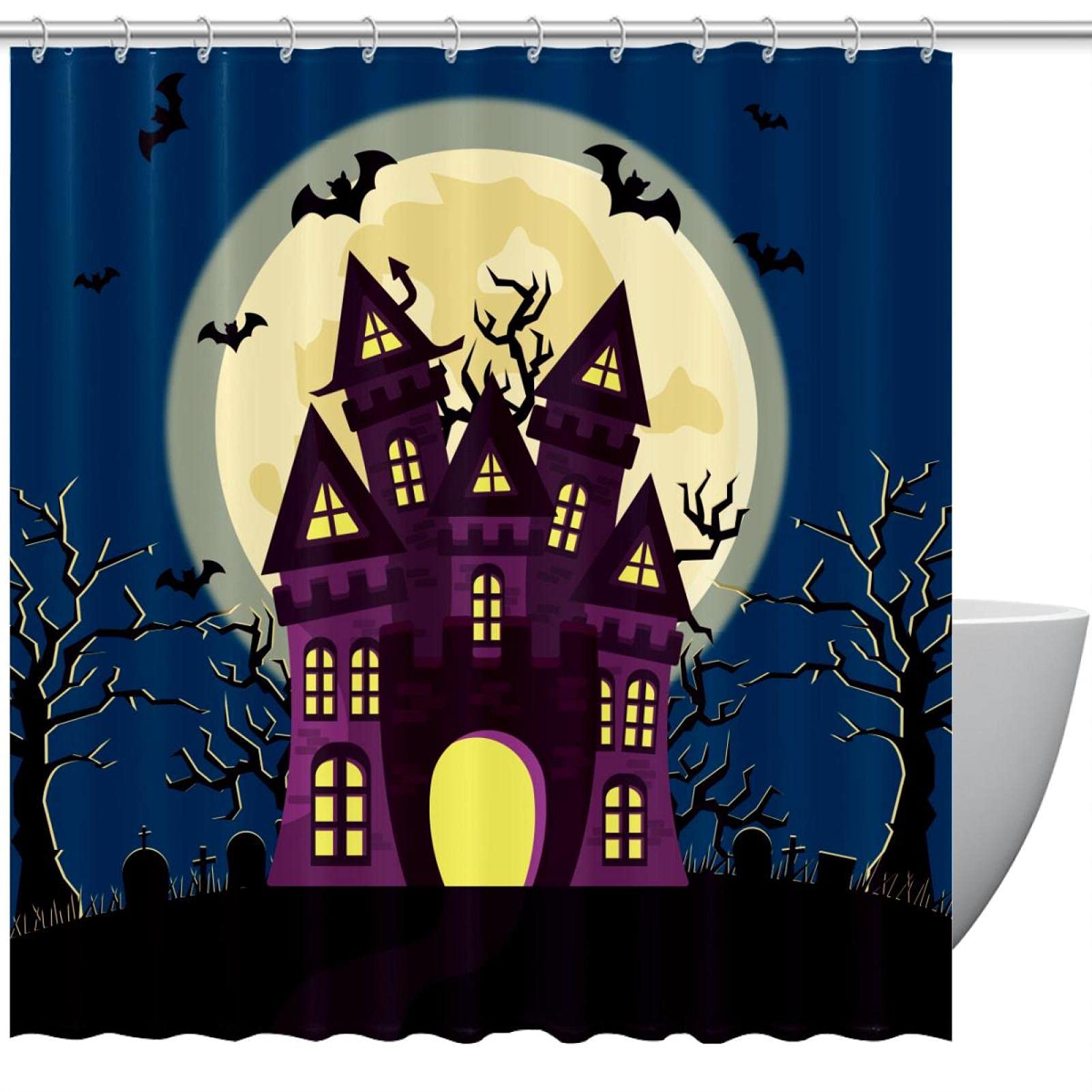 Rideau de douche Halloween avec crochets décor chauve-souris 183 cm pour salle de bain thématique