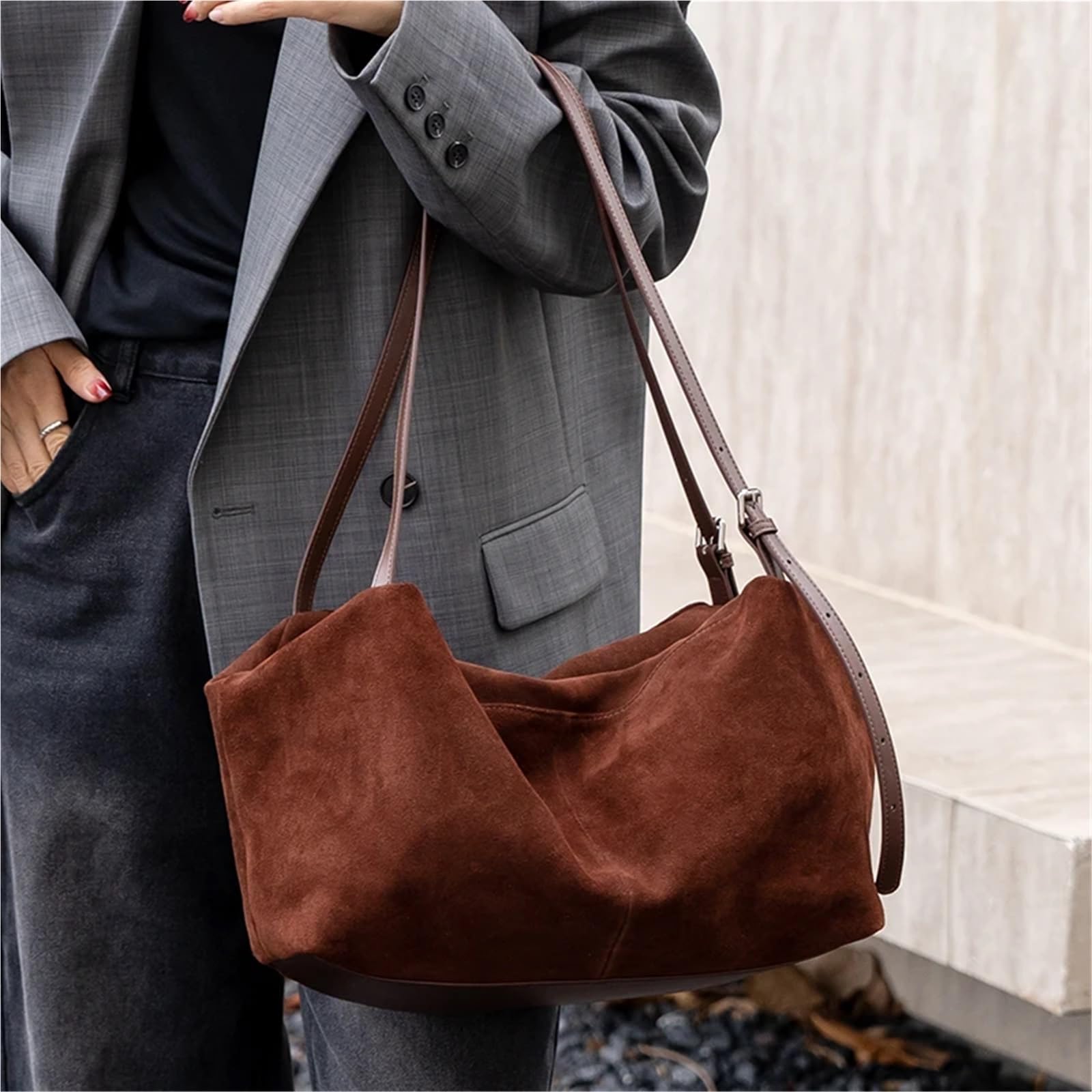 Borsa a tracolla in pelle scamosciata da donna, morbida in di vacchetta, solida, lusso, for pendolari pigri Per Lo Shopping(Coffee)