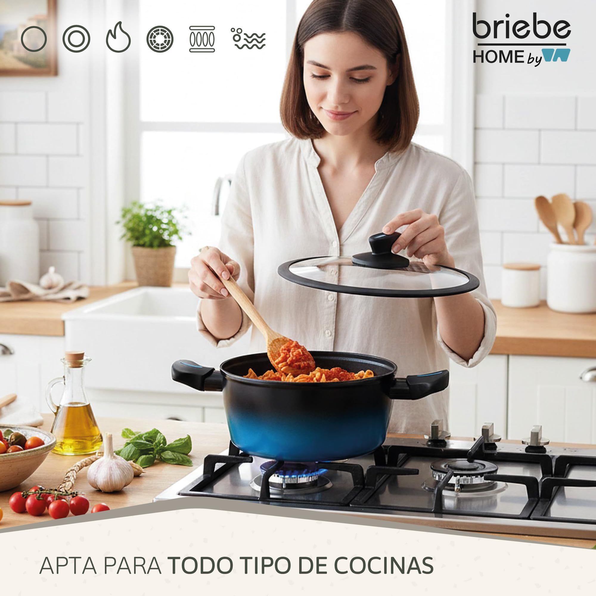 briebe MARE Batería Cocina Inducción, Acero Forjado 9 Piezas, Antiadherente Libre PFOA, Juego 3 Ollas Y 3 Sartenes Profesionales, Alta Resistencia, Apta Para Todo Tipo de Fuegos, Fabricada en España