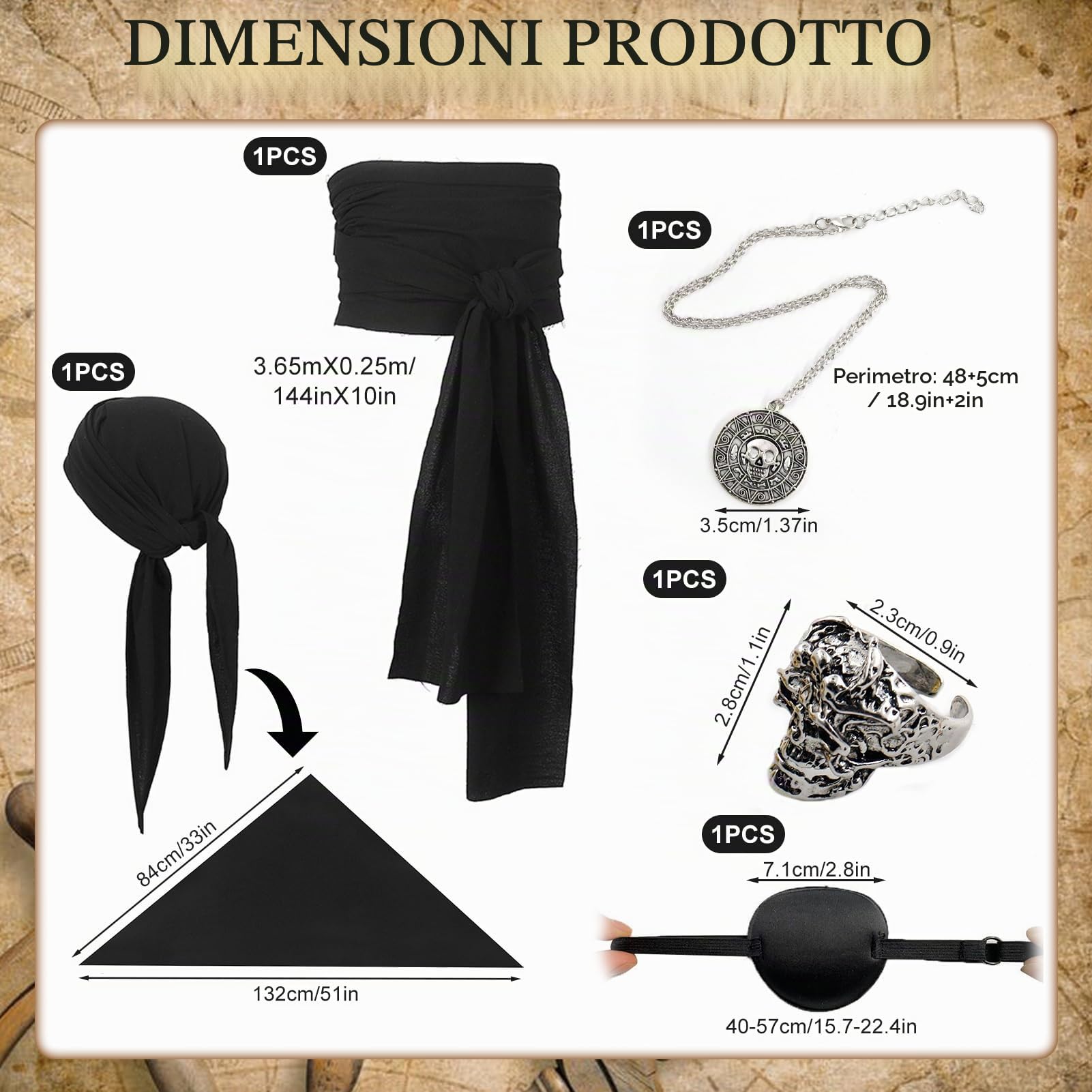 Accessori Pirata, Accessori Costume da Pirata, Set di Accessori per Costumi da Pirata, Accessori Pirata Uomo, per Feste Caraibiche, Halloween, Carnevale, Travestimento, Cosplay