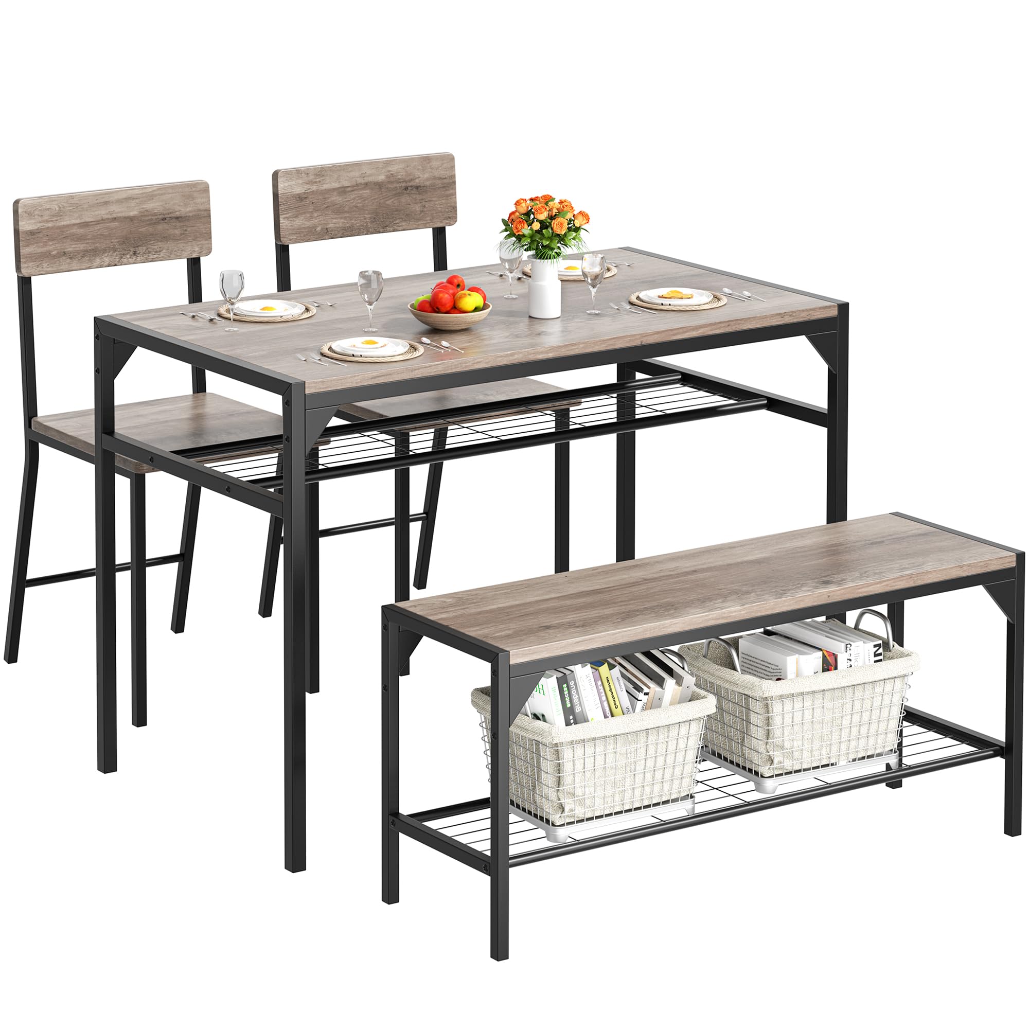 Shintenchi Dining Table Set for 4, Kitchen Table Set with Bench and Chairs, 4 Piece Dining Room Table and Chairs Set with Storage Rack & Metal Frame for Small Space, Gray