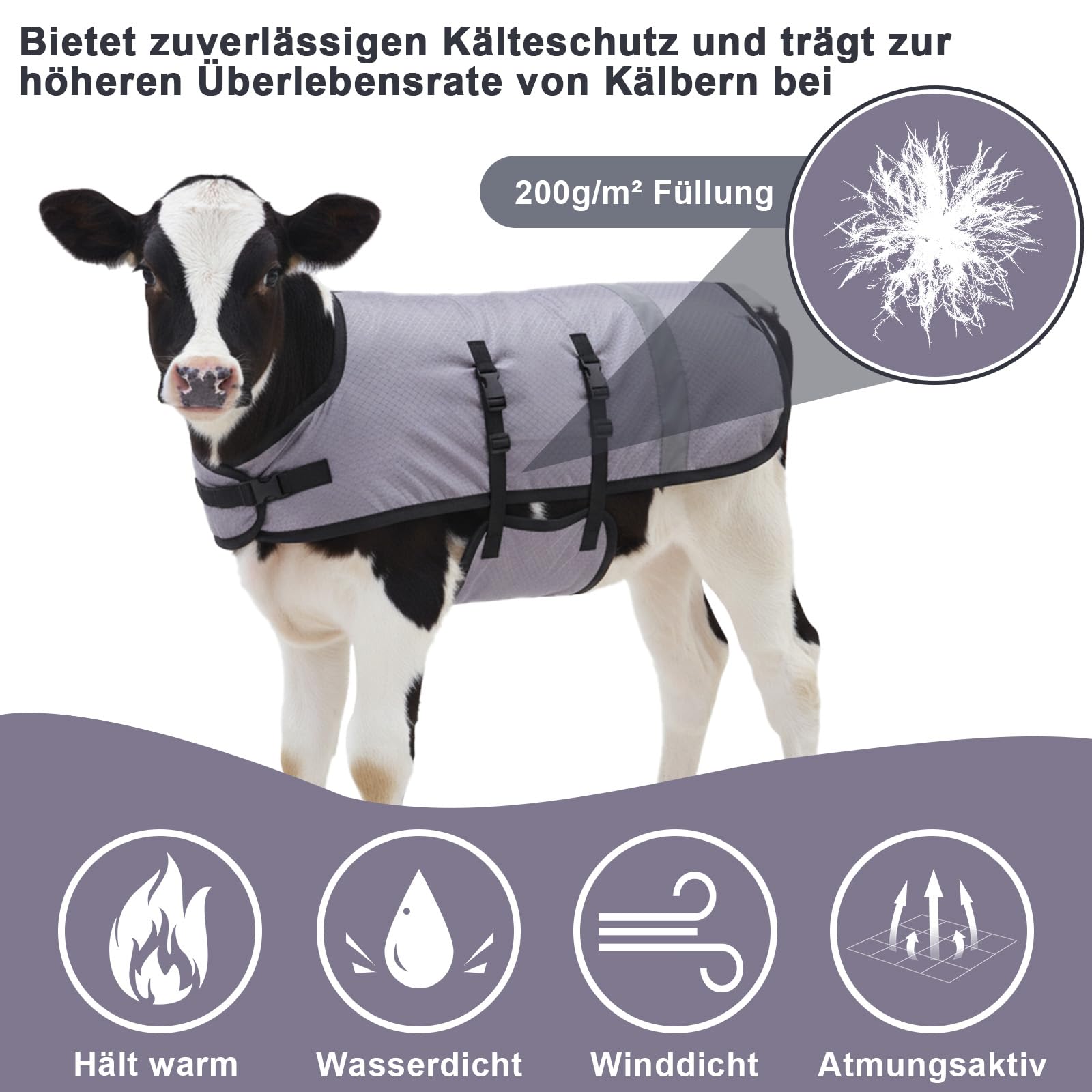 Calda coperta per vitelli da 200 g/m², imbottitura impermeabile e antivento, coperta regolabile per vitelli, agnelli e altri animali giovani