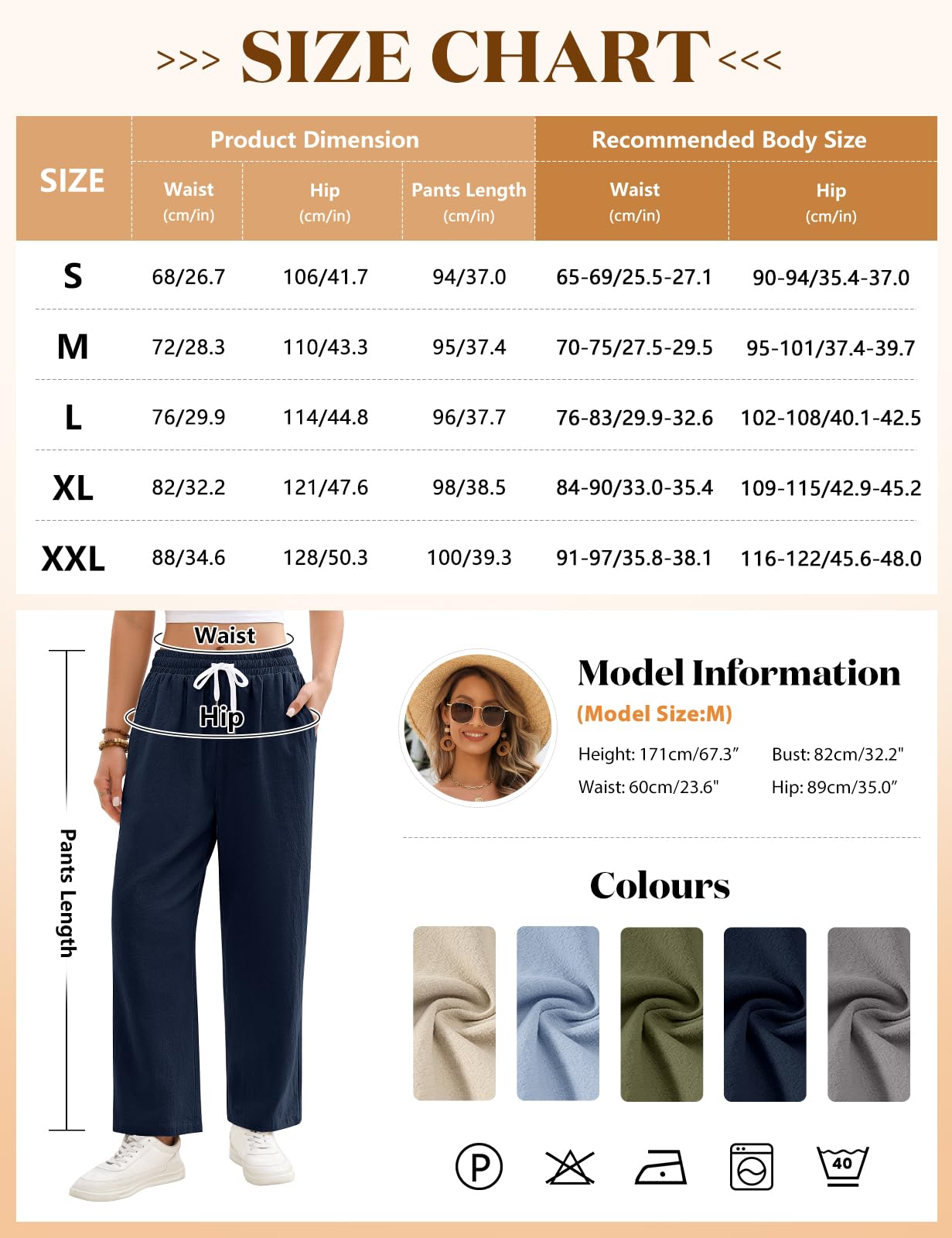 Pantalon Femme Été 7/8 Fluide Léger Coton Pantalons Décontractée Ample Droit Pantacourt Taille Haute Elastique Palazzo Chic et Elegant Travail Longueur Pants avec Poches