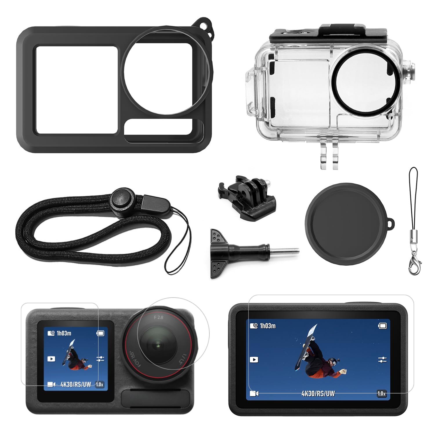 ADOFYS Action Camera Accessories for DJI Osmo Action 5 Pro with Waterproof Case + Ultra Clear Tempered Glass Screen Protector + Lens Protector + HD Front Display Lens Protector + Silicone Rubber Case
