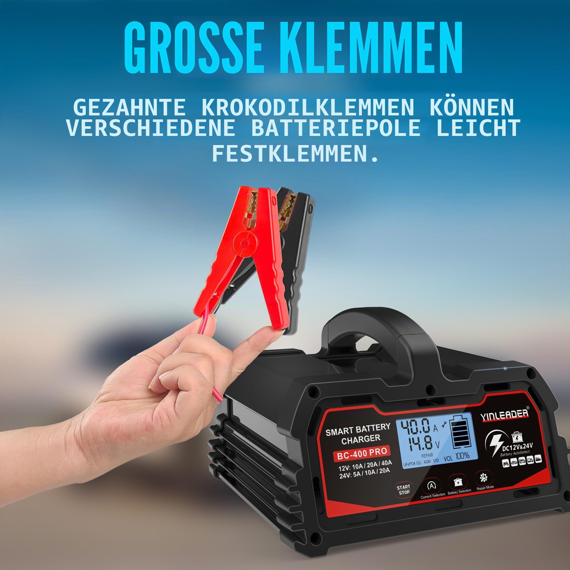 Autobatterie Ladegerät 40A/20A 12V/24V 20A/10A Batterieladegerät Auto Vollautomatisches Intelligentes Erhaltungsladegerät mit LCD-Bildschirm, Ladegeräte für 12v LiFePO4 Batterie - Schwarz