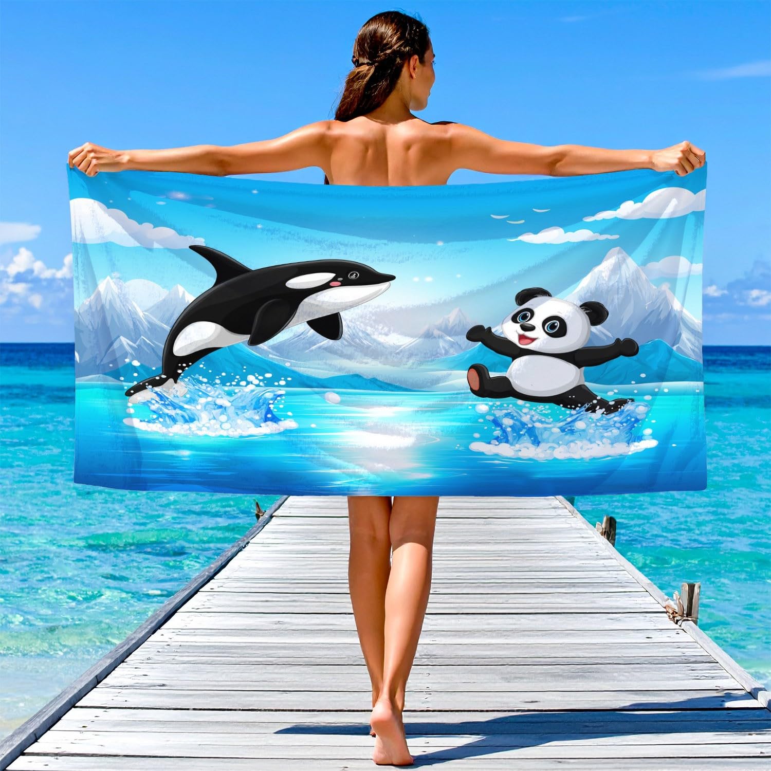 Générique Drap de Plage Anti Sable Sechage Rapide 180 cm x 160 cm Cartoon Fun Serviette de Plage Microfibre Aventure Nature Paysage Animaux Panda Baleine Absorbante Super Couverture de Plage