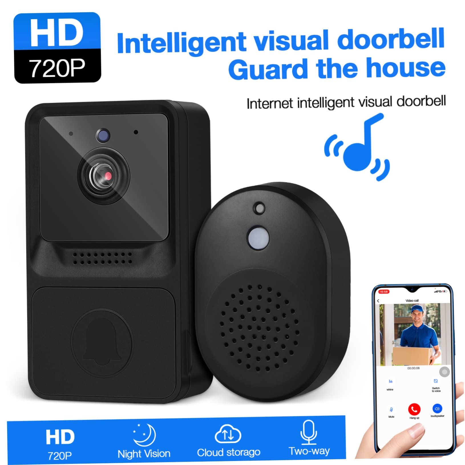 Mikikit 3pezzi Campanello Wifi Con Video e Audio Bidirezionale Videocitofono Notturno Smart Per Casa Ufficio e Dormitorio Nero