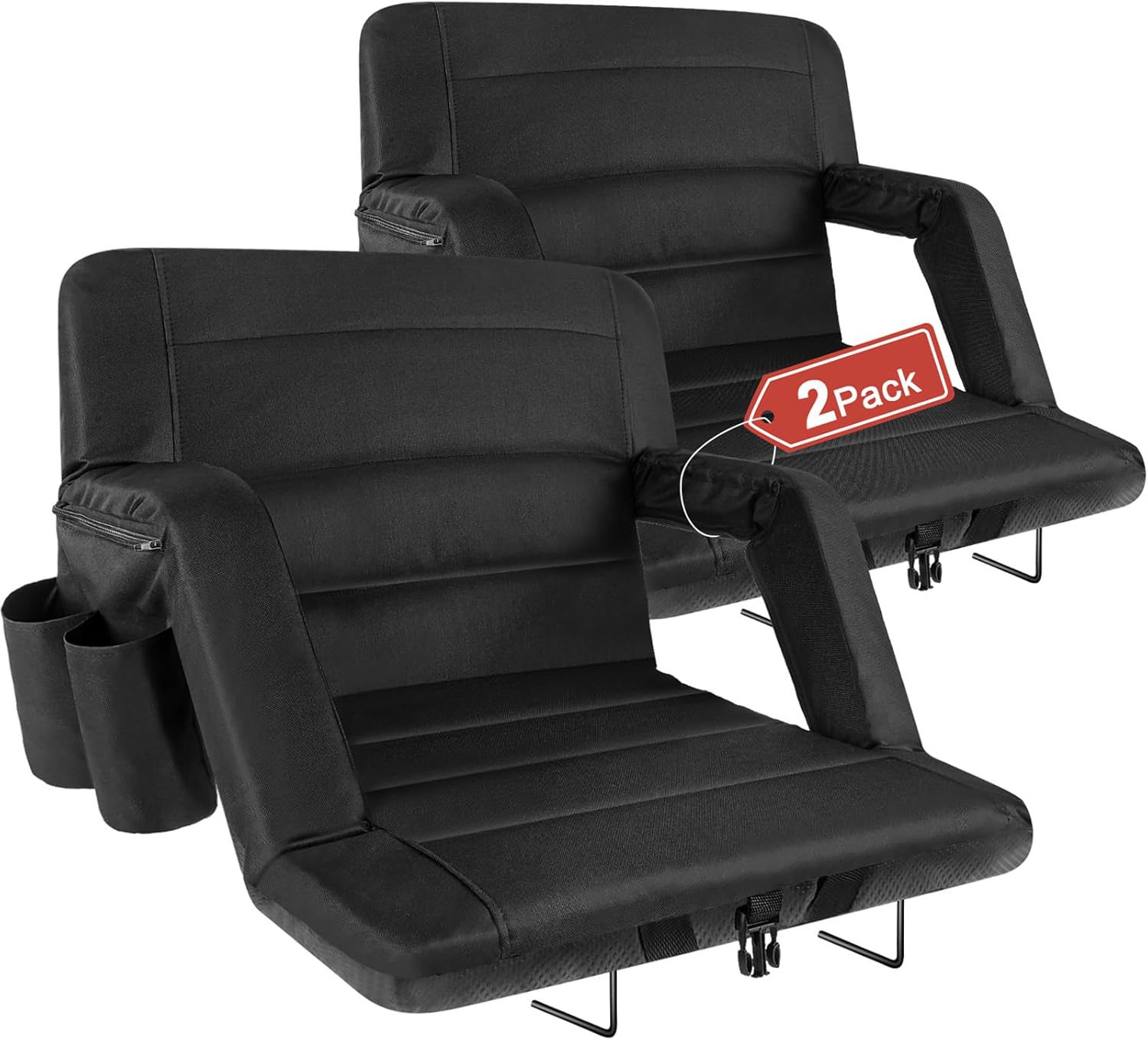 Stadium Seats with Back Support 2 Pack Wide, Exclusive Bleacher Chairs with Back and Cushion Folding Stadium Chairs, 6 Reclining Positions Waterproof Bleacher Seats (Wide|22.5" Black) Wide|22.5"|2 Pack Black 2