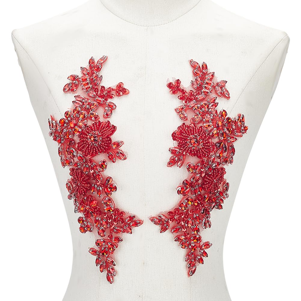 2 toppe in pizzo floreale rosso da cucire, 27 x 12 cm, scintillanti, con strass e pizzo ricamato, per abiti da sposa, costumi da ballo e fai da te