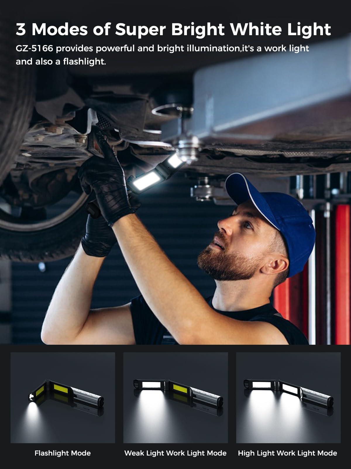 Smiling Shark Werkstattlampe, LED Arbeitsleuchte Wiederaufladbar Faltbar mit Haken und Magnethalter 4 Leuchtmodi Weißes & Rotes Licht Werkstatt-Lampe für Männer Auto Reparatur Garage Werkstatt Camping