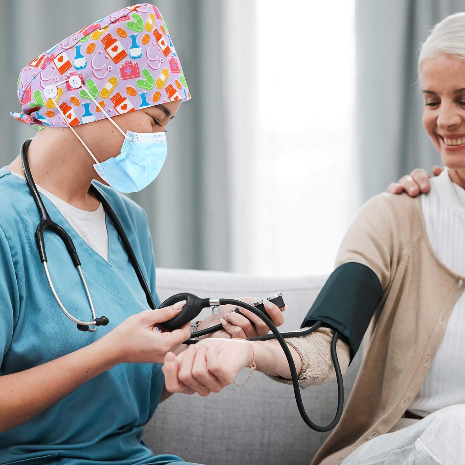 Unittype 4 Pcs Nurse Caps for Women Nursing Working Caps with Button and Sweatband Adjustable Elastic Scrub Hats for Dentist - Image 7