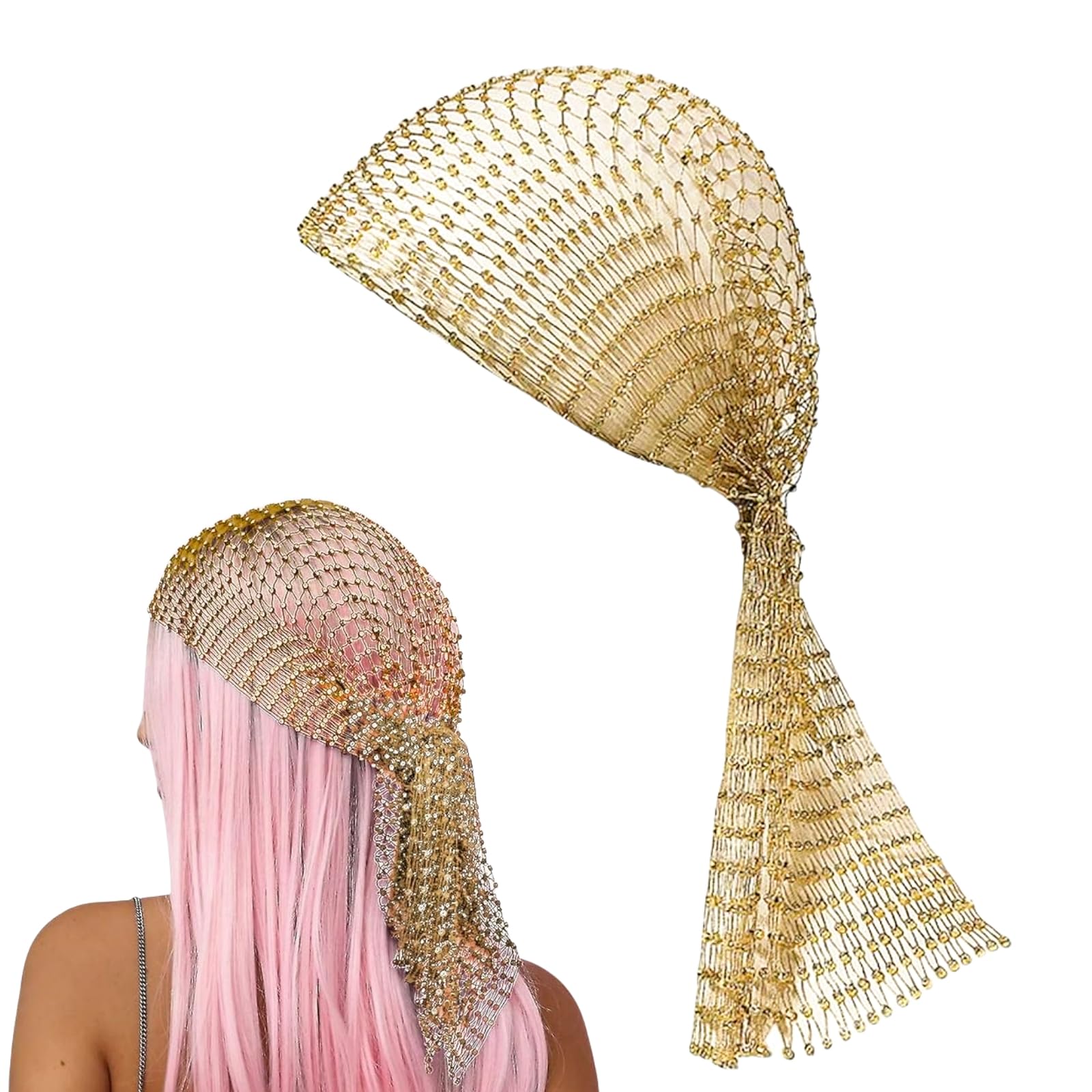 Hybursky Fishnet Headband with Rhinestone Hollow Out Glitter Sequins Head Scarf Veil Cap Elastic Nightclub Headwrap Headpiece Turban Caps Hair Accessories for Women Girls(Gold)