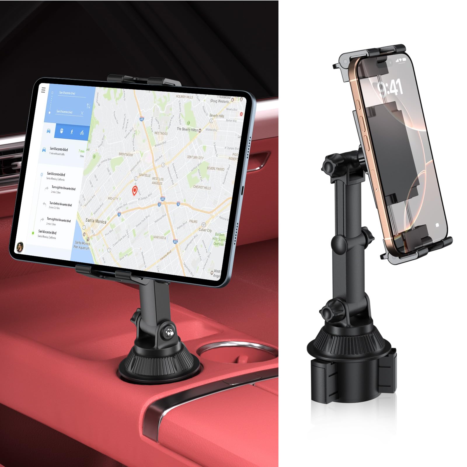 PLDHPRO Tablet Holder for Car Cup Phone Stand Mount 360 Rotation with Adjustable Arm Compatible with iPad Galaxty