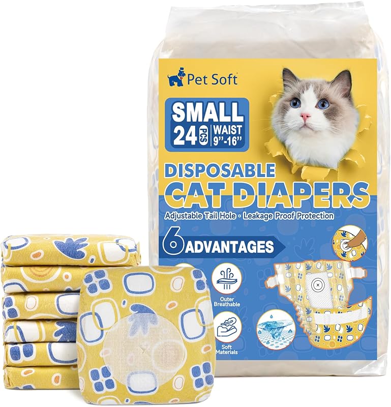 Fraldas descartáveis para gatos e cães pequenos Pet Soft com abertura ajustável para cauda, tamanho Pequeno, Pacote com 24