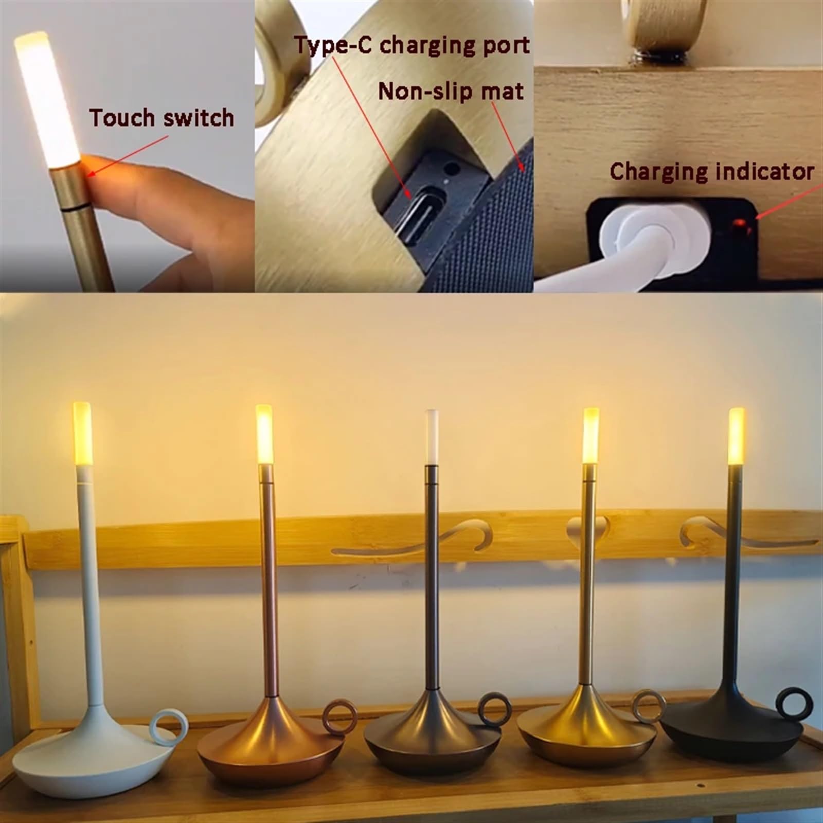 Lampa biurkowa LED ładowalna bezprzewodowa lampa dotykowa świeca kempingowa lampa stołowa sypialnia obok lampka nocna do dekoracji domu (różowe złoto)