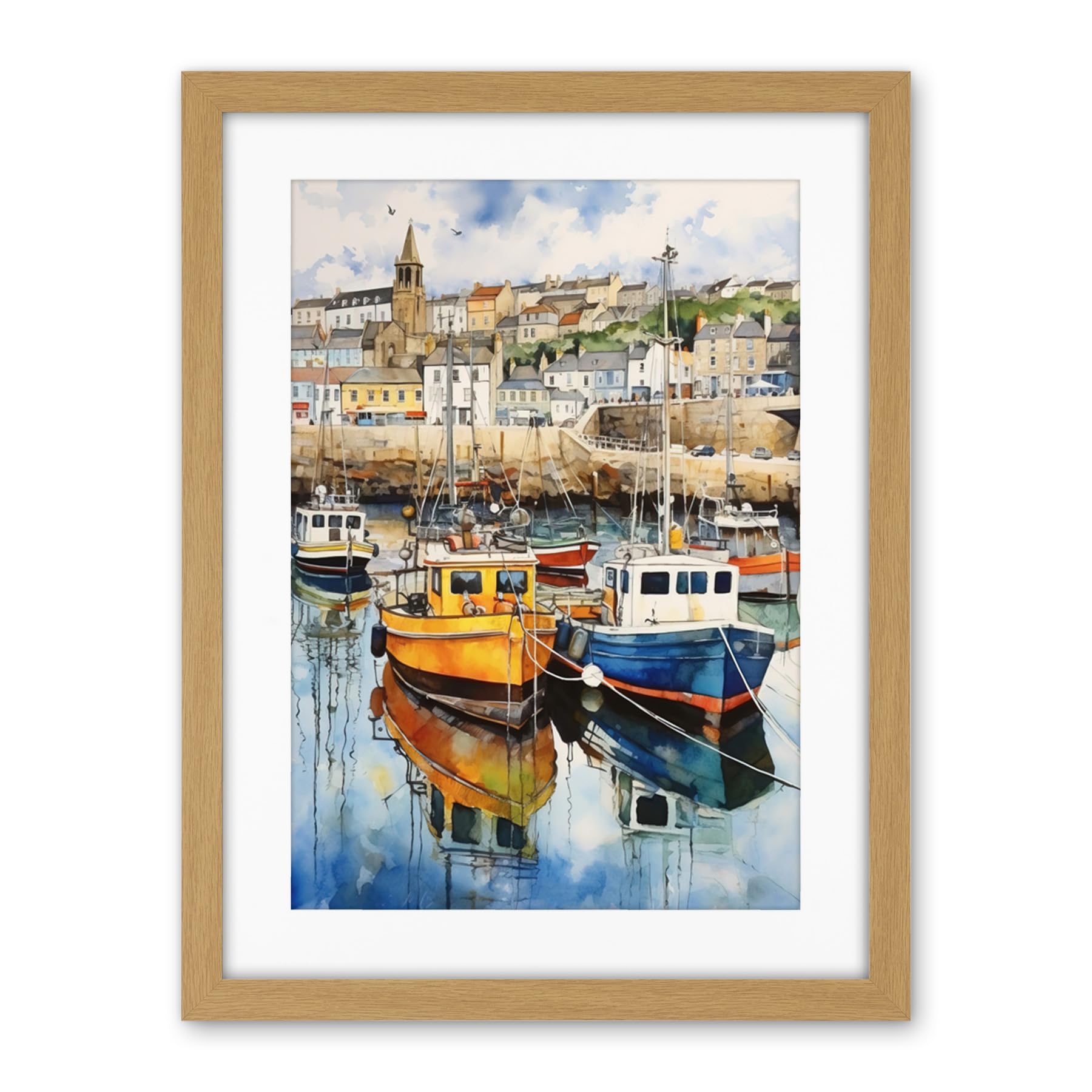 Artery8 Penzance Harbour Trawler Boats Promenade Watercolour Painting Cornwall Coastal Townscape Artwork Framed Wall Art Print 18X24 Inch