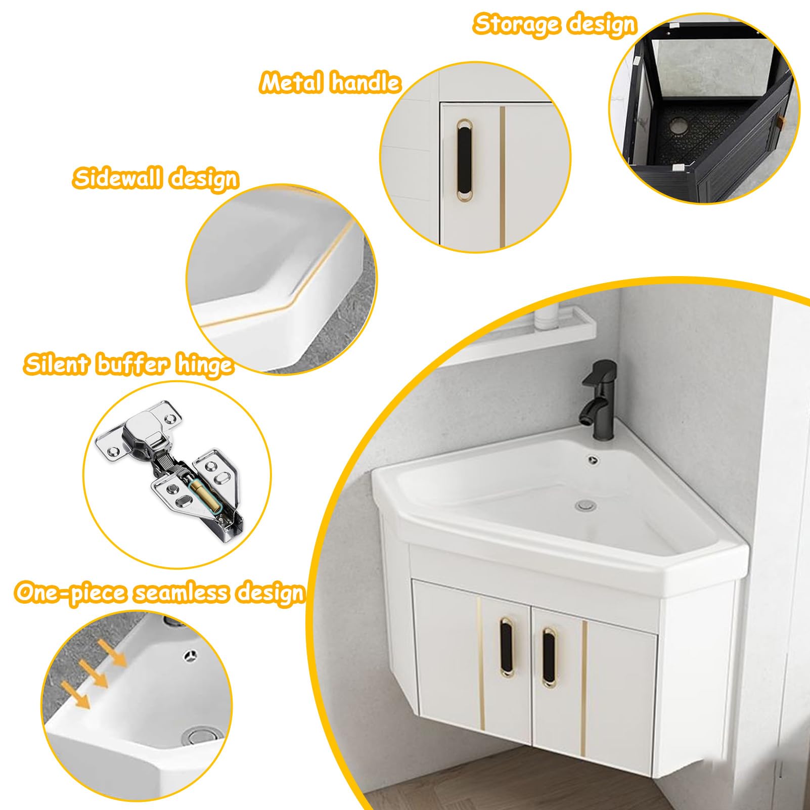 mueble baño con Lavabo suspendido pared 38cm, Lavabo sobre encimera con grifo, lavabo pequeño esquinero de cerámica, Diseño compacto, para cocinas compactas, cocinas, caravana, baños