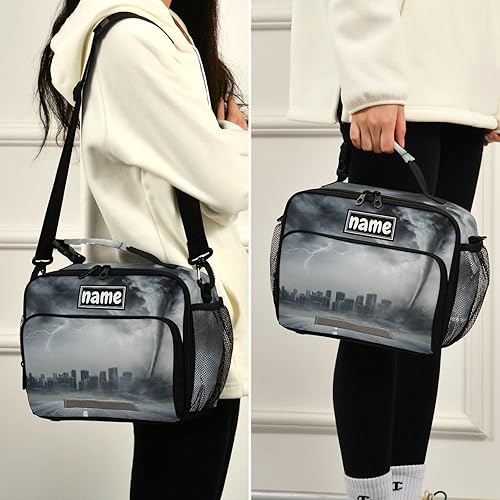 Miniatura 5 de Glaphy Bolsa de almuerzo negra con tornado personalizado para niños y niñas, bolsas de almuerzo personalizadas con tu nombre, lonchera aislada para