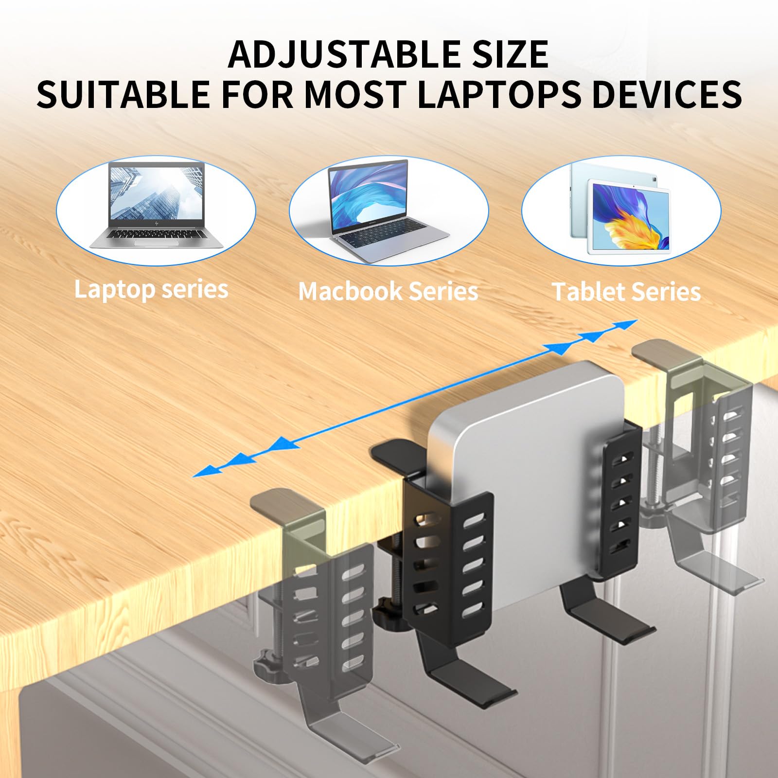 SKYROSEXSDCT Adjustable Desk Side Laptop Holder with Headphone Stand - No Drill Clamp Organizer for Laptops, Tablets, Keyboards (Black) - Sturdy Steel & Silicone Pad Protection