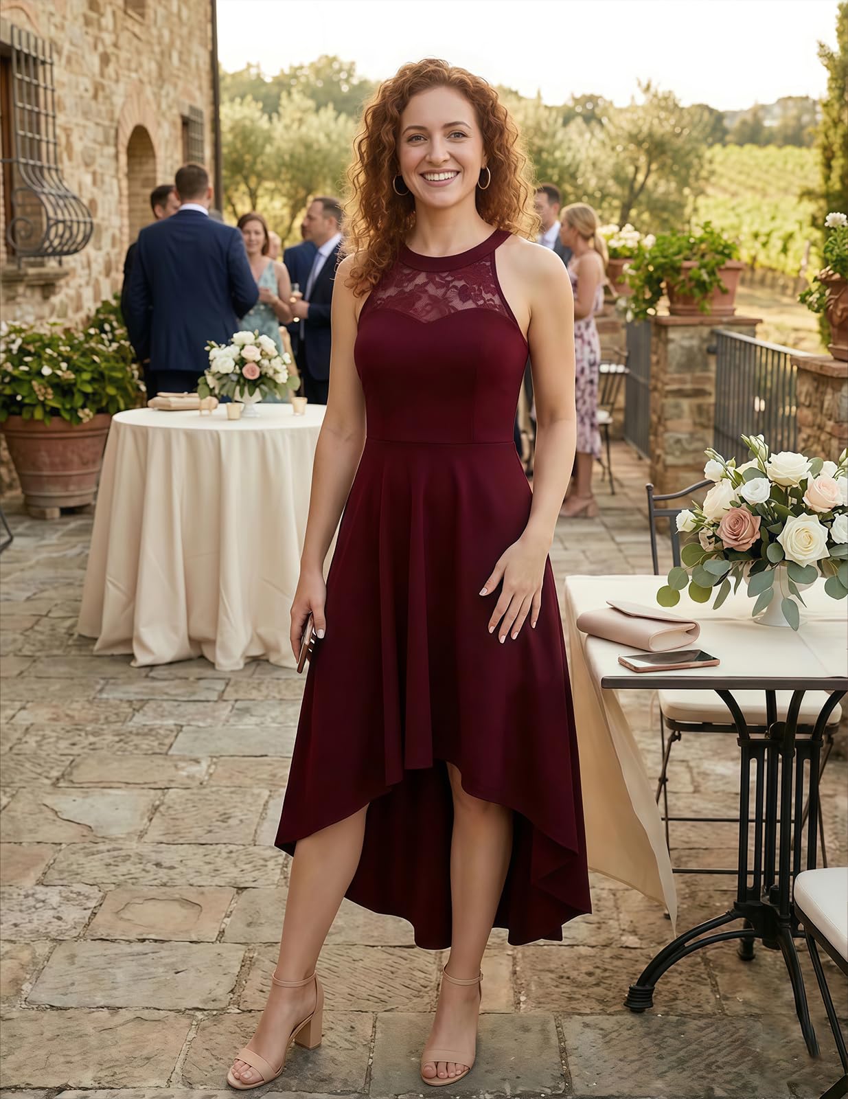 Bbonlinedress Abschlussballkleid für Damen, Cocktailkleid mit Halter-Ausschnitt und Spitze, klassisches kurzes Kleid für Ehemaligentreffen