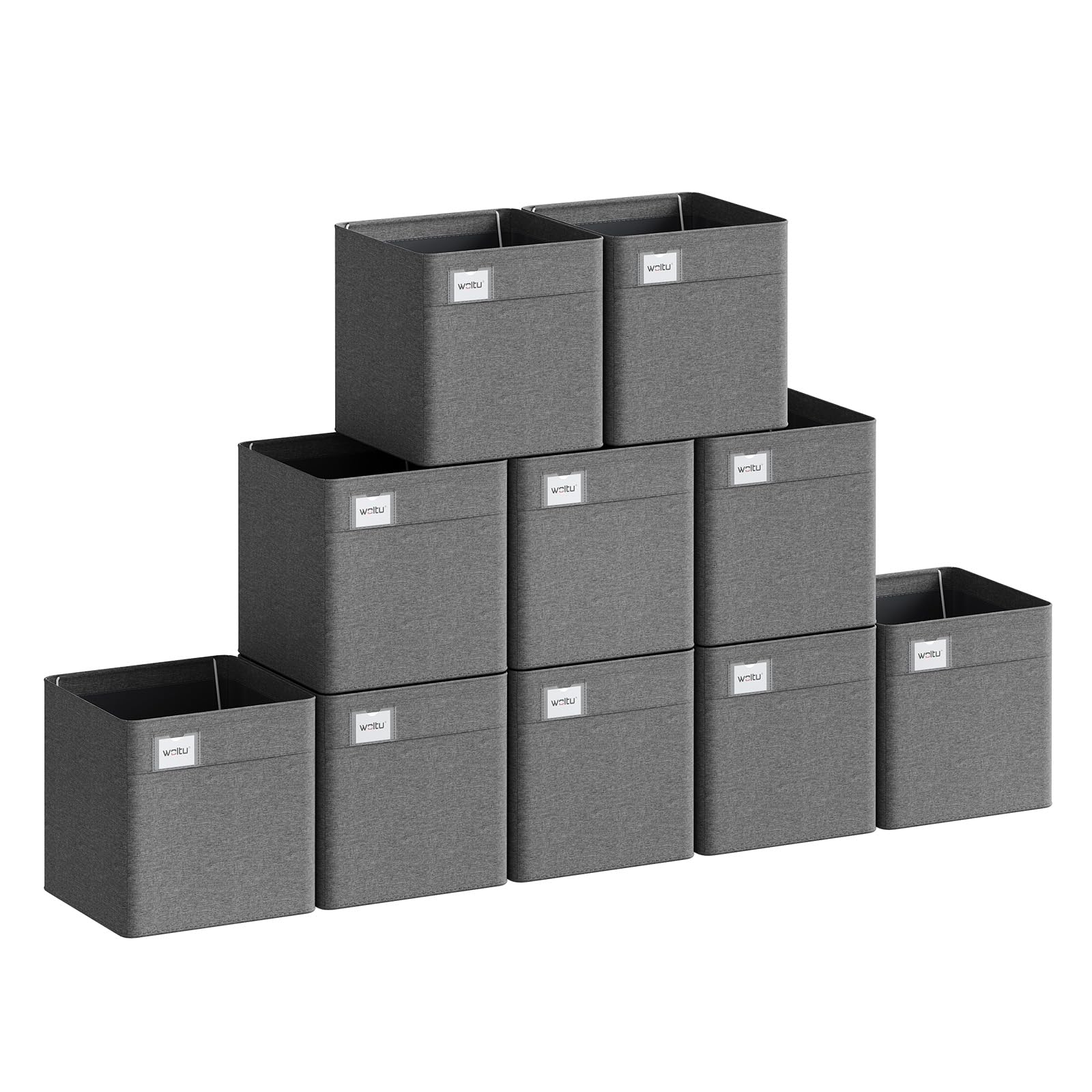 Woltu Grey Collapsible Storage Boxes Set Of 10, Fabric Storage Cubes With Label Holders And Handles, Wardrobe Organisers For Shelves, Living Room, Office, Bedroom, Dark 26X26x25.5cm