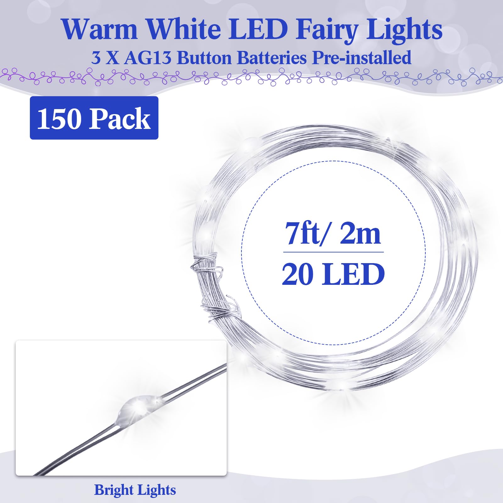 Lot de 150 guirlandes lumineuses à piles, 3 modes de vitesse, 2 m, 20 LED, guirlande lumineuse étanche, pour décoration de vases de mariage, cadeau d'anniversaire (blanc froid)
