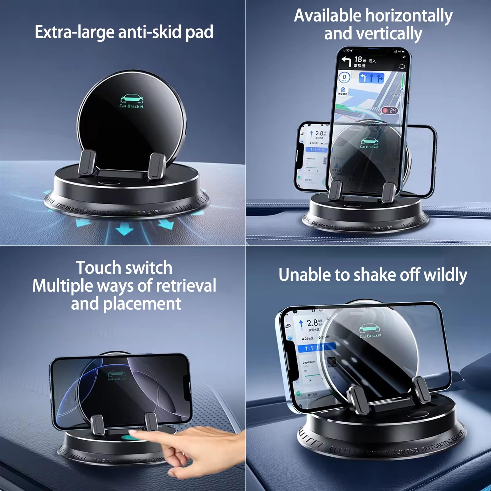 Supporto per Telefono Cellulare Multifunzionale Cruscotto Auto Elettrico, Universale Rotazione a 360° Antiscivolo E Ultra Stabile - Utilizzo Con Una Sola Mano Per Tutti(Black-2pcs)