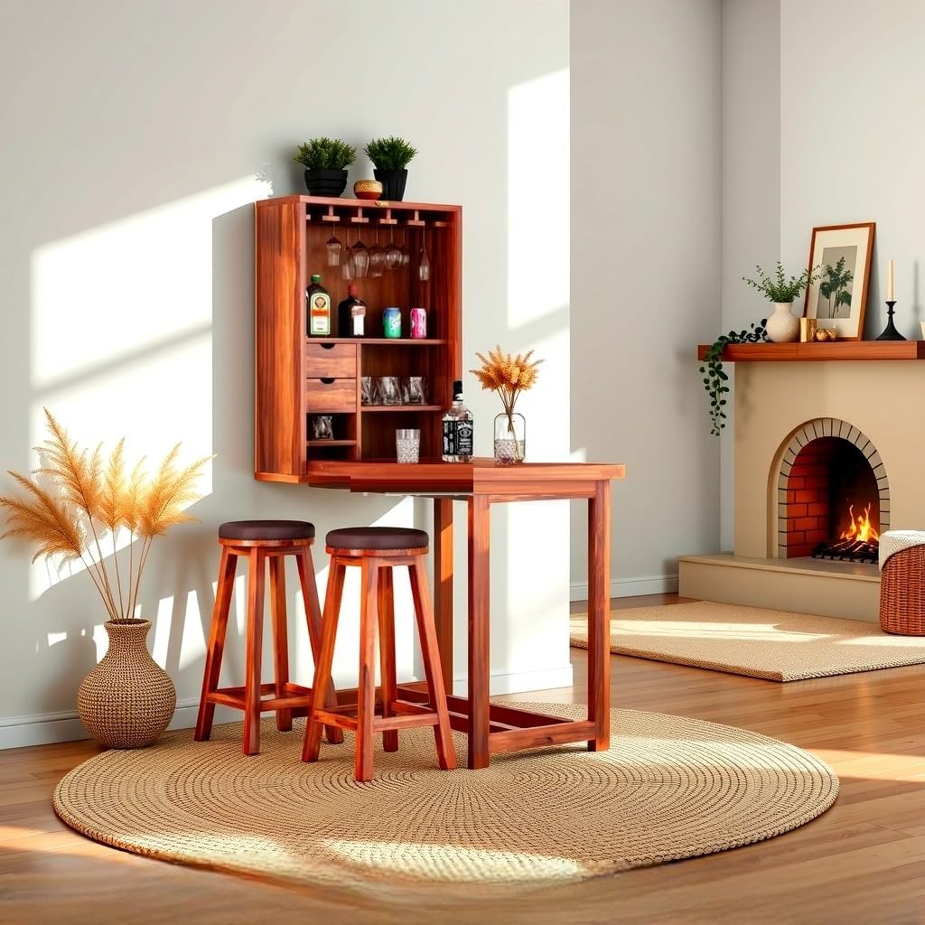 FURNITUREFRY Solid Wood Bar Cebinet for Home with Folding Table | Wooden Wall Cabinet Bar & Bar Dining Table with Drawers for Living Room & Home Bar (Honey Finish)-image-38