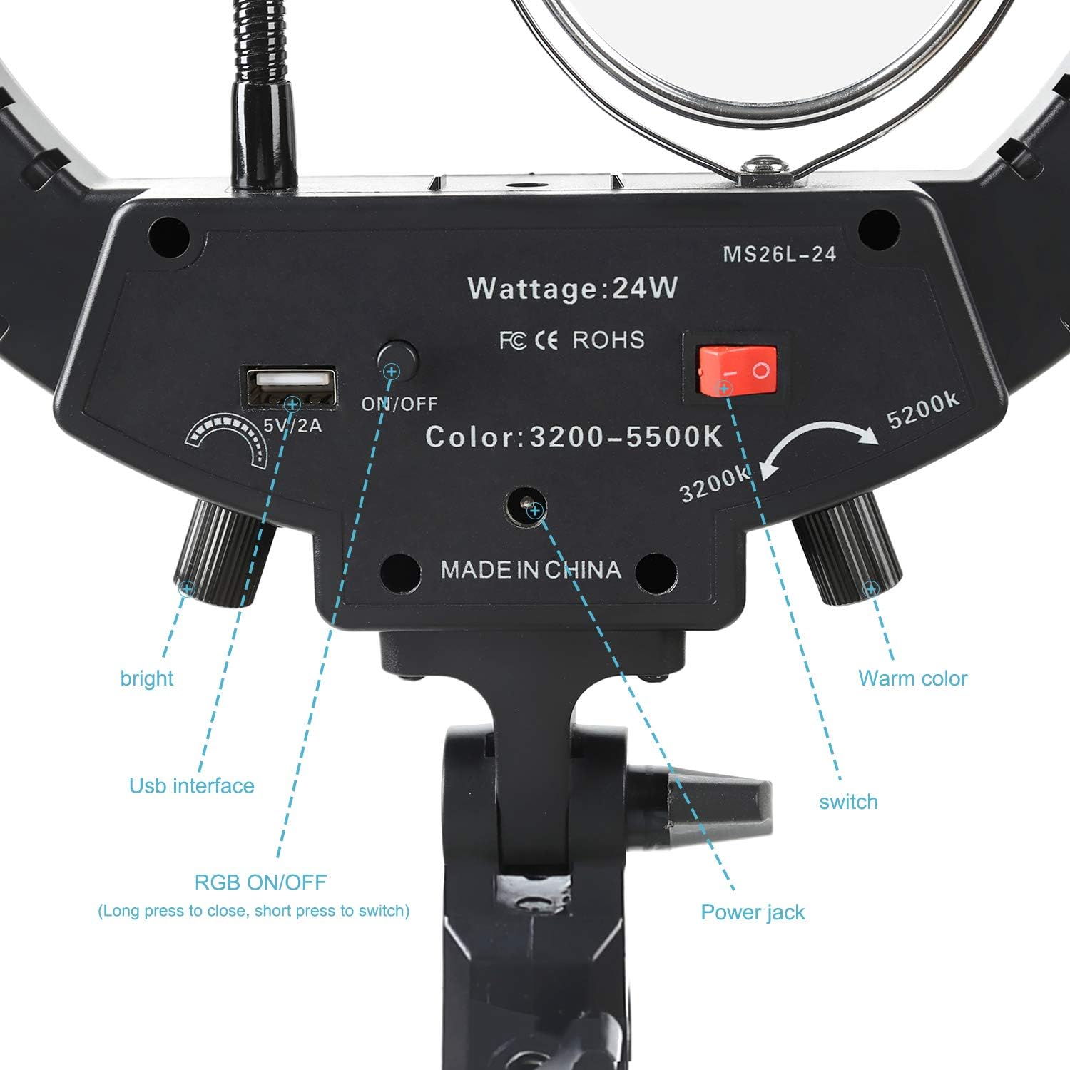 10.2'' Ring Light with Tripod Stand and Phone Holder, LTRINGYS Selfie Led Ring Light with 7 RGB Flash Lights Desktop Light Ring Dimmable with Mirror for YouTube Video Recording US Plug