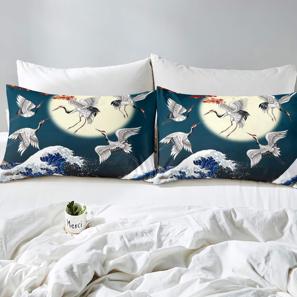 Homewish Copripiumino Giapponese 240x260 Cm - 100% Cotone, Ukiyo-E Rosso Con Gru E Onde, Set Con 2 Federe 65x65 Cm