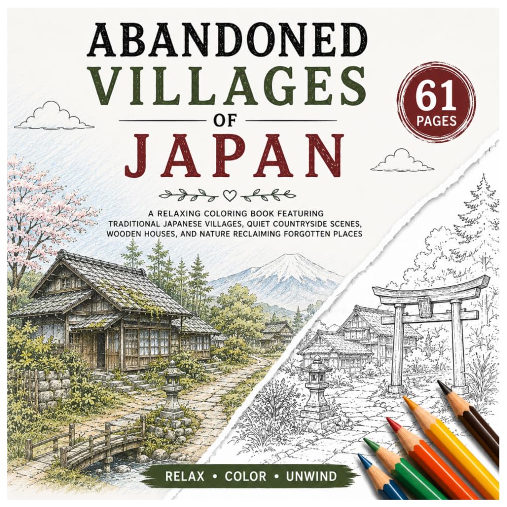 Abandoned Villages of Japan: A Relaxing Rural Coloring Book Featuring Traditional Japanese Villages, Quiet Countryside Scenes, Wooden Houses, and ... Forgotten Places (Abandoned Villages Series)