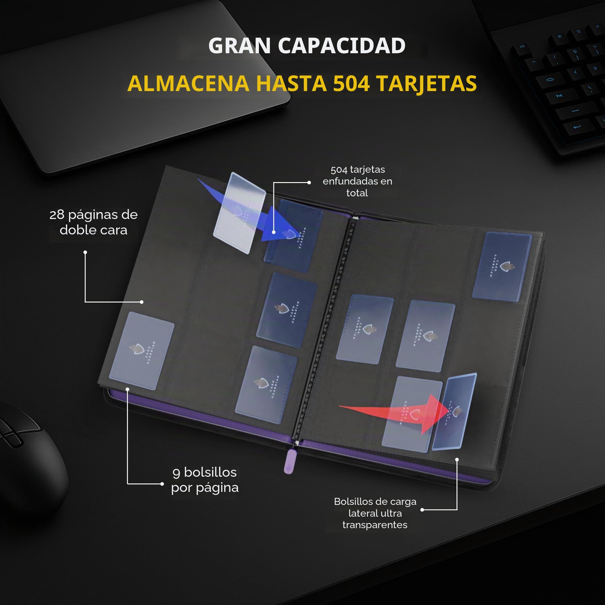 Card Guardian - Carpeta de 9 bolsillos con cremallera para 504 tarjetas, bolsillos laterales para juegos de cartas coleccionables TCG (morado)