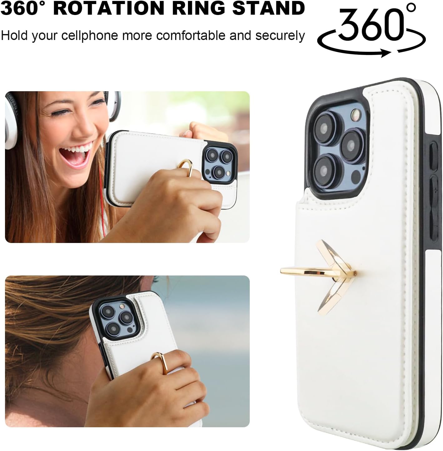 ONETOP for iPhone 15 Pro Wallet Case with Card Holder, 360° Rotation Ring Kickstand RFID Blocking PU Leather Double Magnetic Clasp Shockproof Cover for Women and Girls 6.1 Inch (White) - Image 5