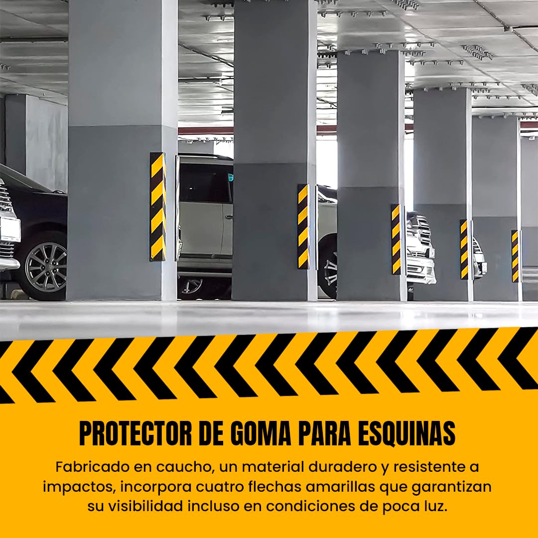 PARKING FACIL | Protector de Esquina de Goma | Para Aparcamientos y Almacenes | Color: Negro y Amarillo | Tamaño: 80 x 10 x 10 cm | Grosor: 8mm | Incluye Tornillería | 2 Unidades