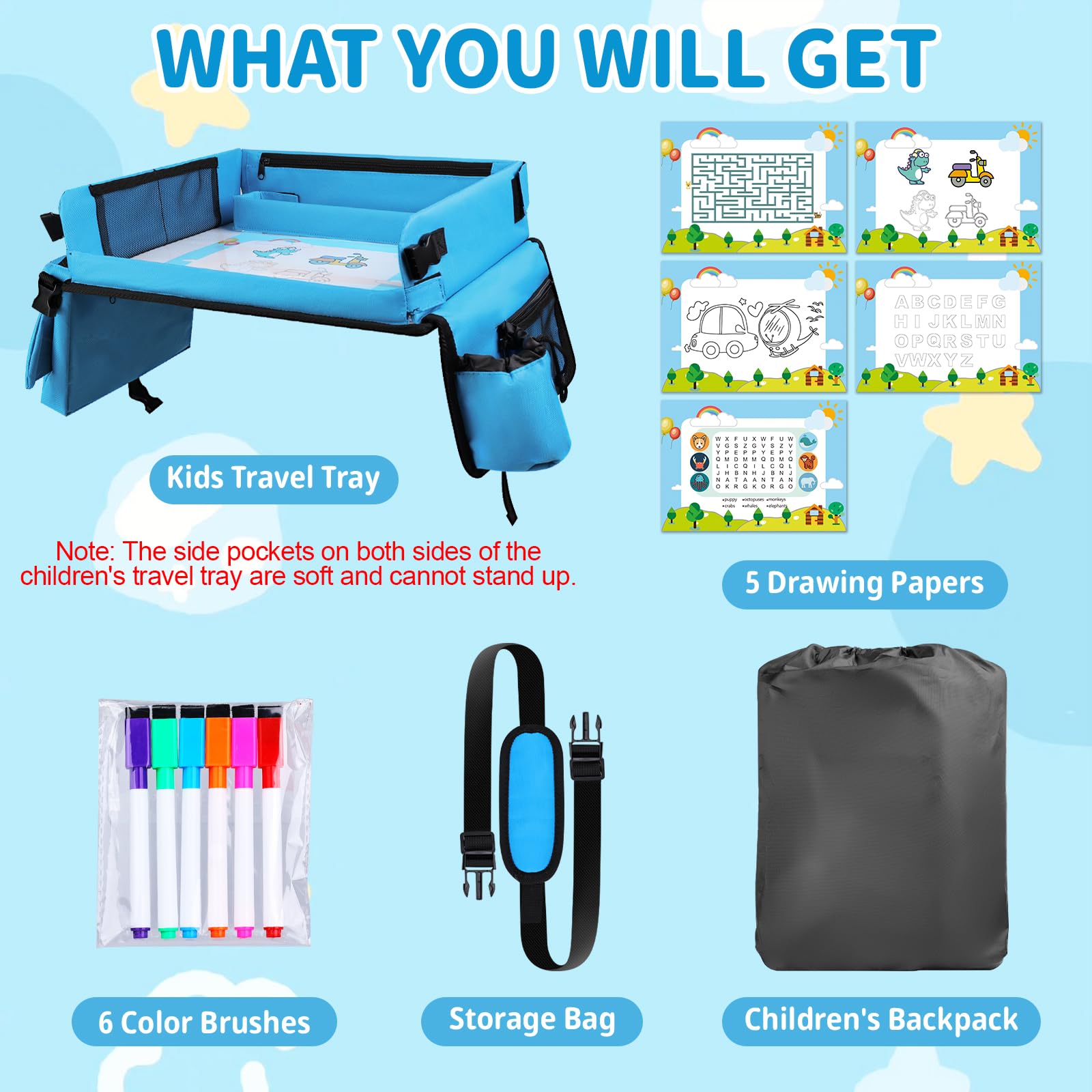 Bandeja de Mesa para Niños Mesa Coche Niños Plegable con Tablero Impermeable del Acolchado Suave Bandeja de Viaje Niños Bandeja de Regazo para Coche/Avión/Mesa de Bebé