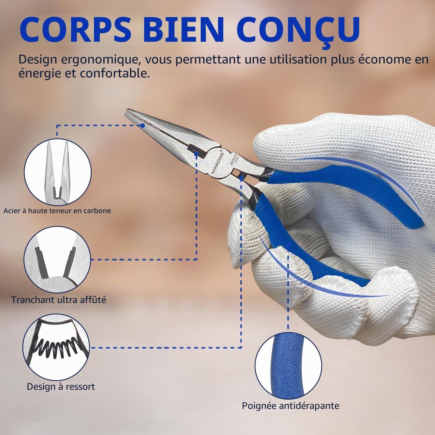 KAIHAOWIN Lot de 5 mini pinces à bec aiguille avec pince coupante latérale, petite pince à bec aiguille à ressort, pince de précision à long bec pour travaux manuels…
