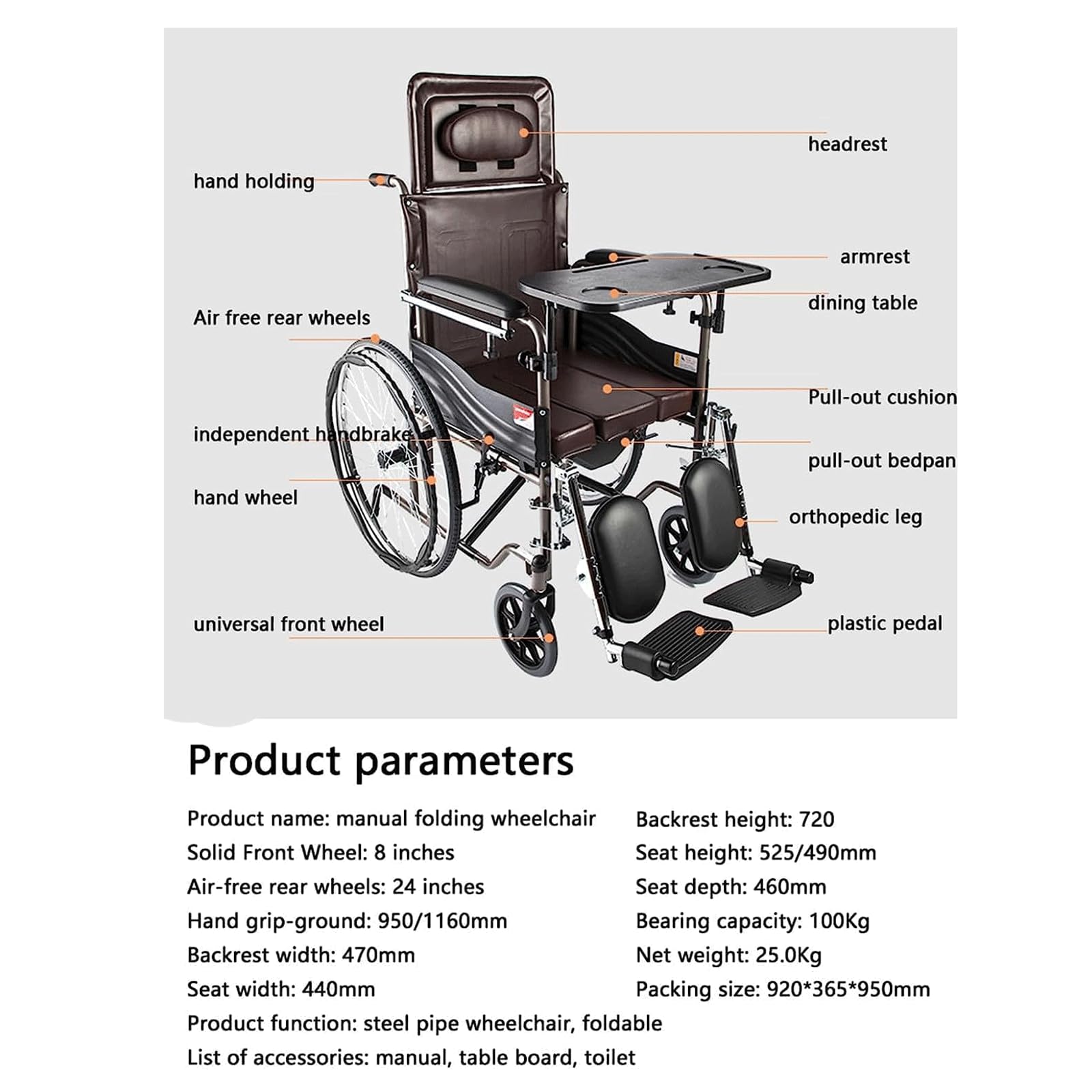 Silla de Ruedas Silla de Ruedas reclinable, Silla de Ruedas Manual Ligera con Mesa de Comedor, Silla de baño, cómoda, Silla de Ducha de baño de Acero confiable
