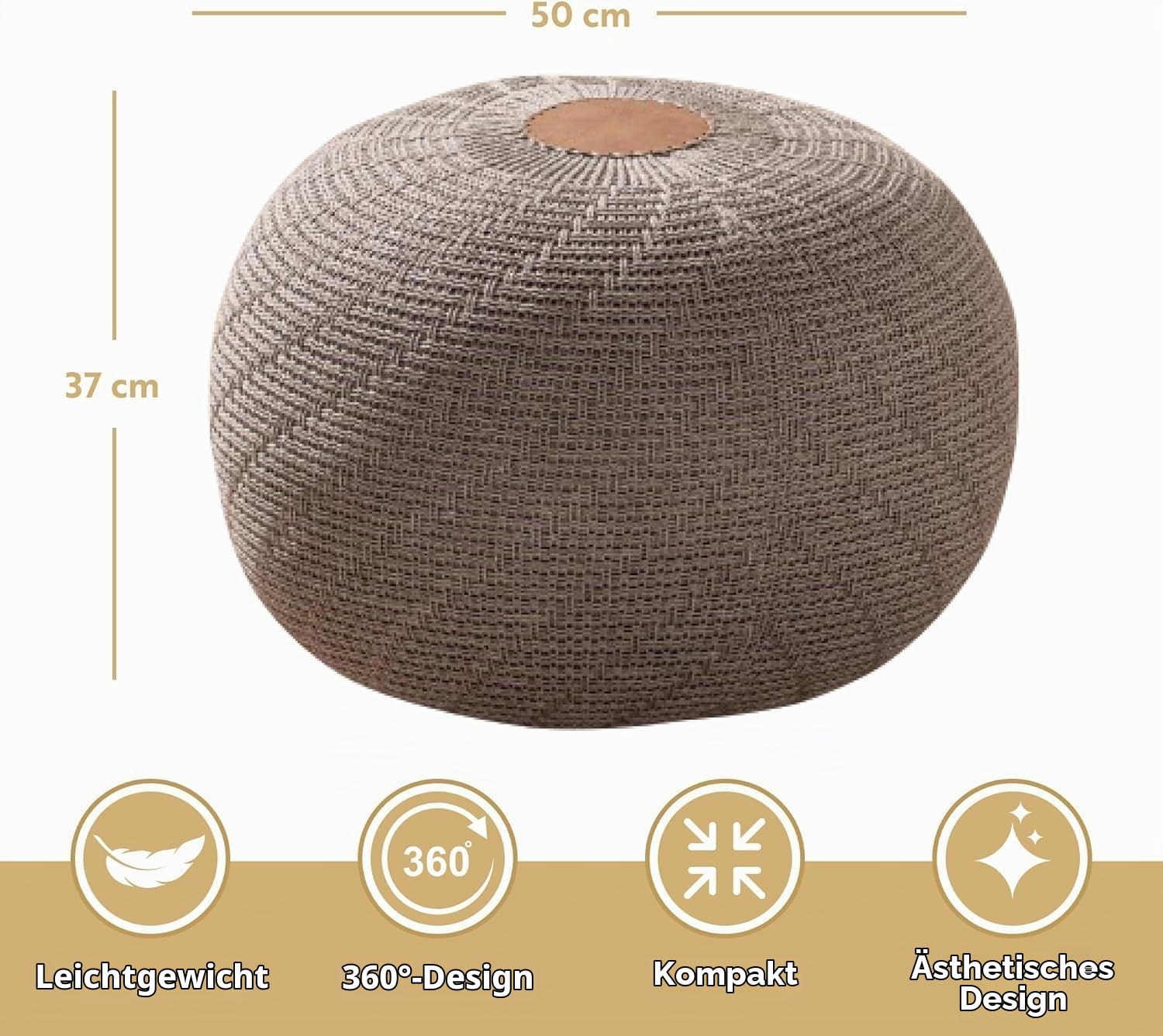 Pouf Hocker, Rund Sitzpouf, Sitzhocker, Sitzpuff, Fußhocker, Strick Puff Hocker für Wohnzimmer, Schlafzimmer, Strickhocker Pouf, 37 x 50 cm, Braun